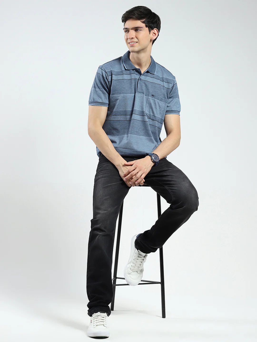 Men Blue Stripe Collar Half Sleeve T-Shirt - Image 2