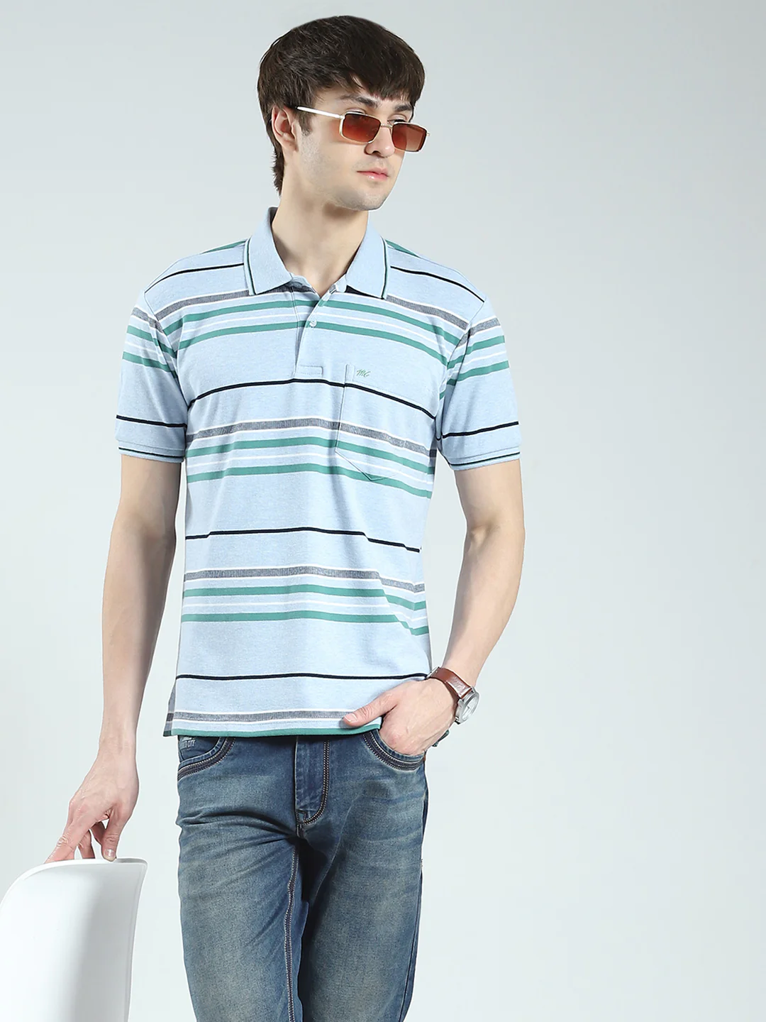 Men Blue Stripe Collar Half Sleeve T-Shirt - Image 6