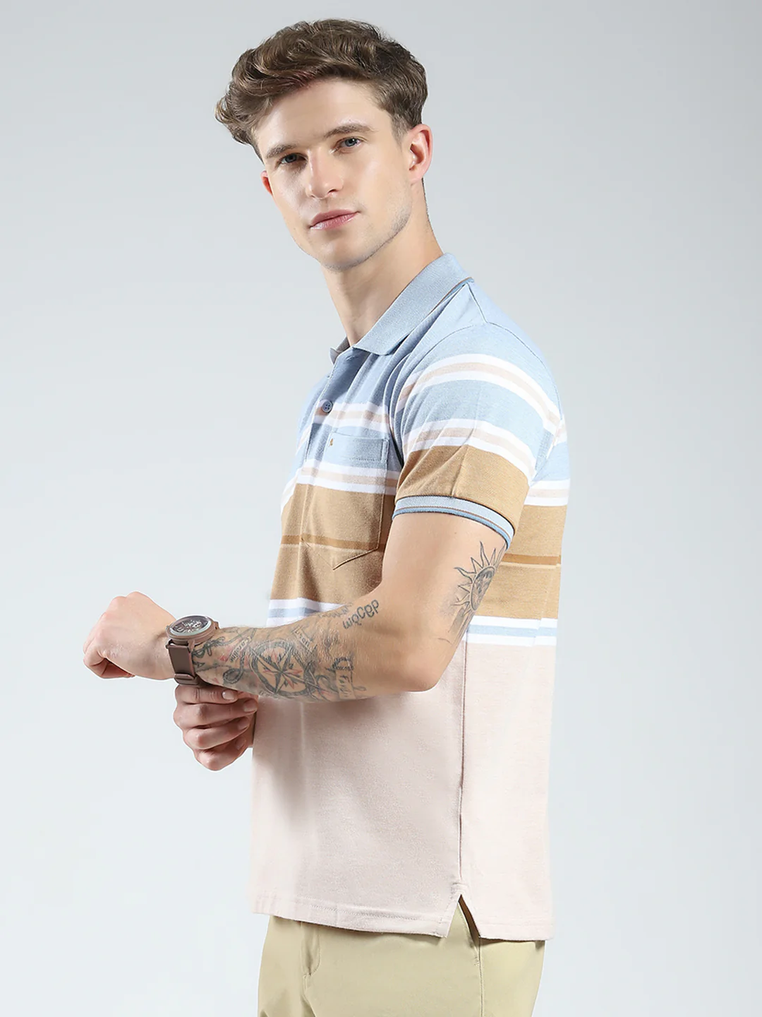 Men Blue Stripe Collar Half Sleeve T-Shirt - Image 3