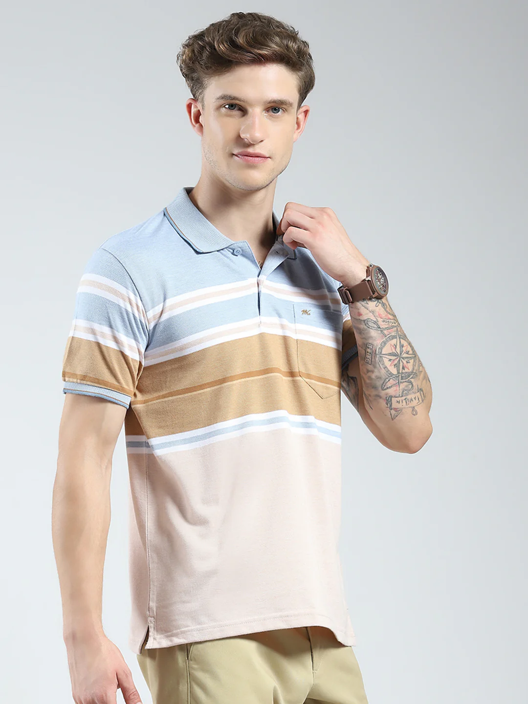 Men Blue Stripe Collar Half Sleeve T-Shirt - Image 4