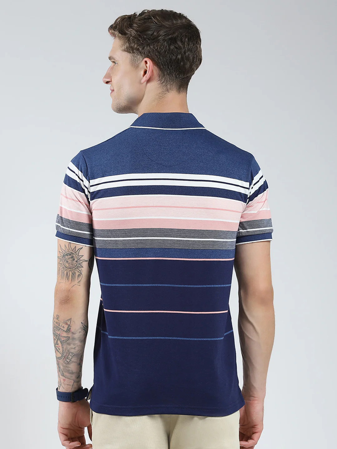Men Blue Stripe Collar Half Sleeve T-Shirt - Image 5