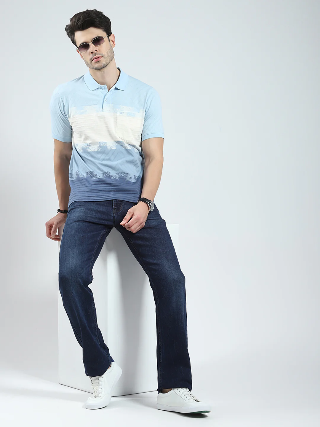 Men Blue Stripe Collar Half Sleeve T-Shirt - Image 2