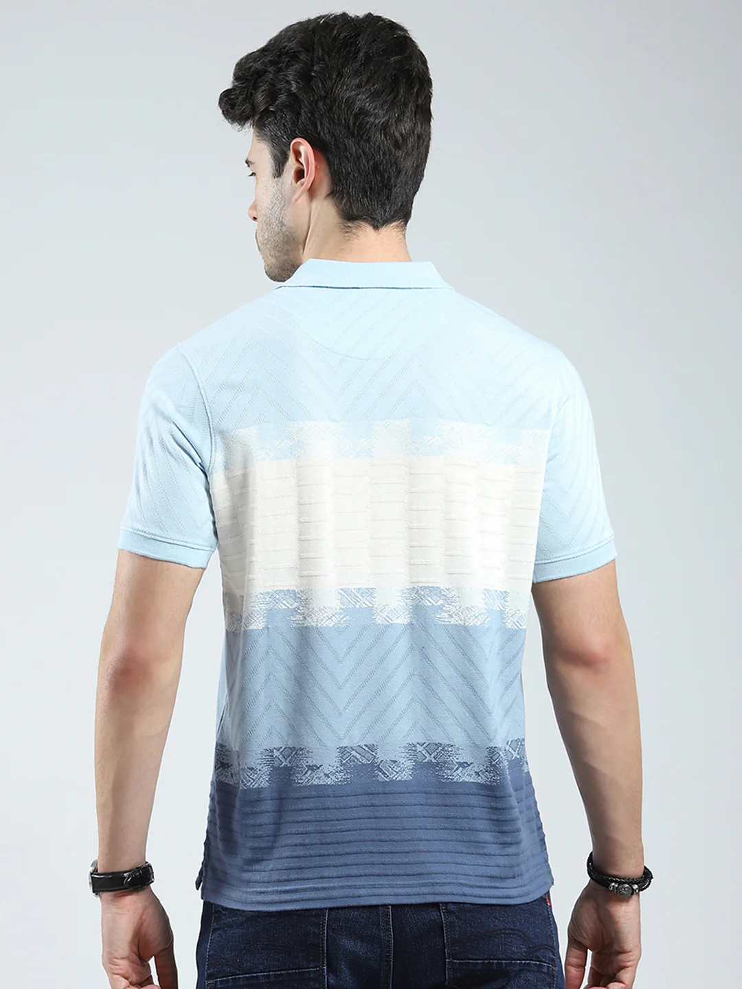 Men Blue Stripe Collar Half Sleeve T-Shirt - Image 5
