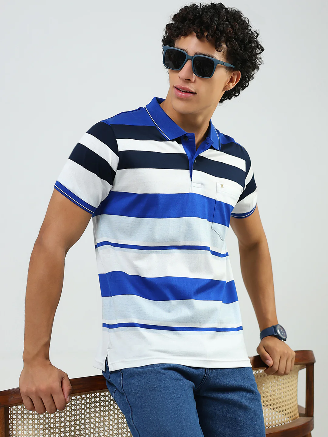 Luxuria Men Blue Stripe Collar Half Sleeve T-Shirt - Image 6