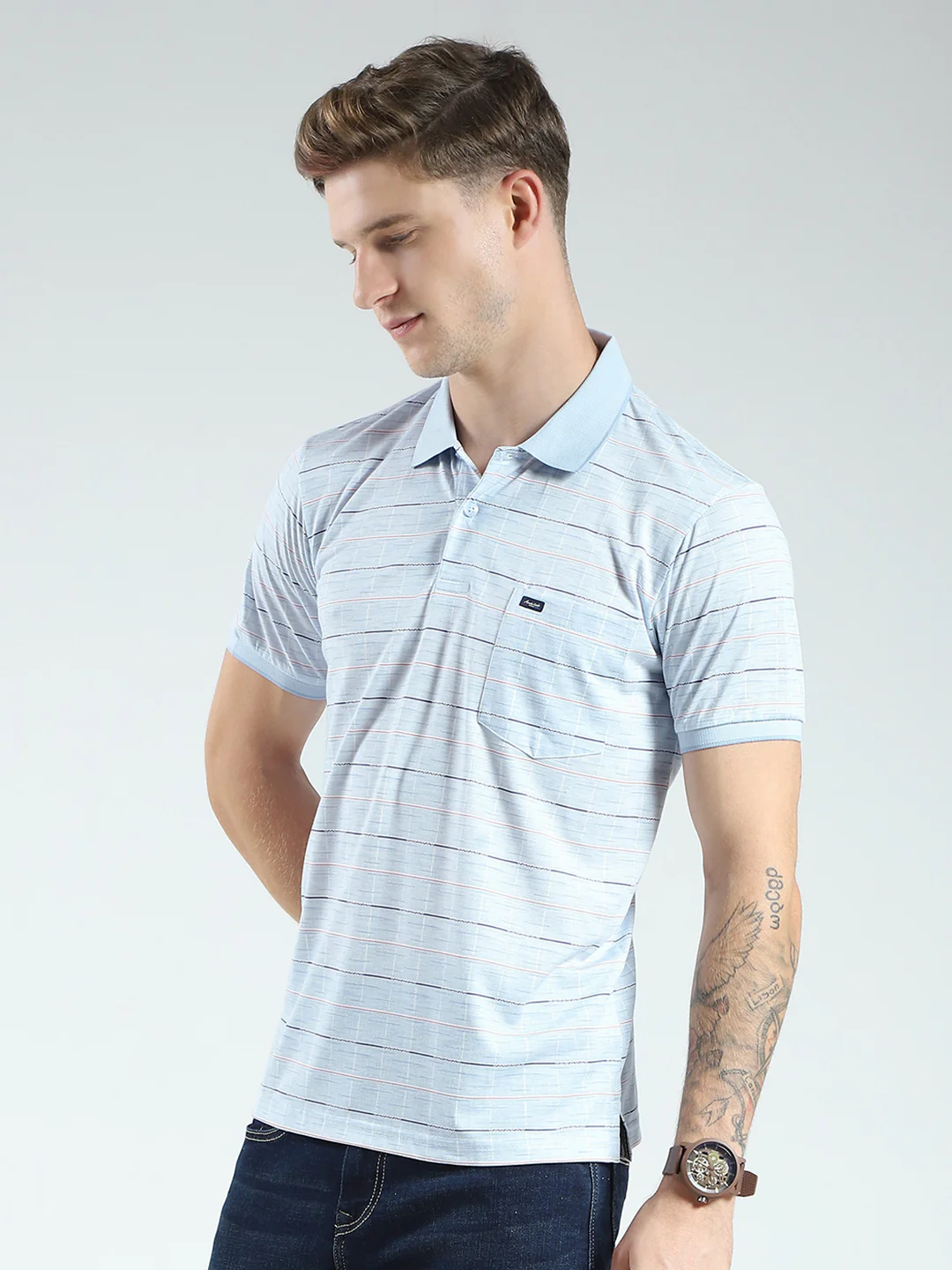 Men Blue Stripe Collar Half Sleeve T-Shirt - Image 3