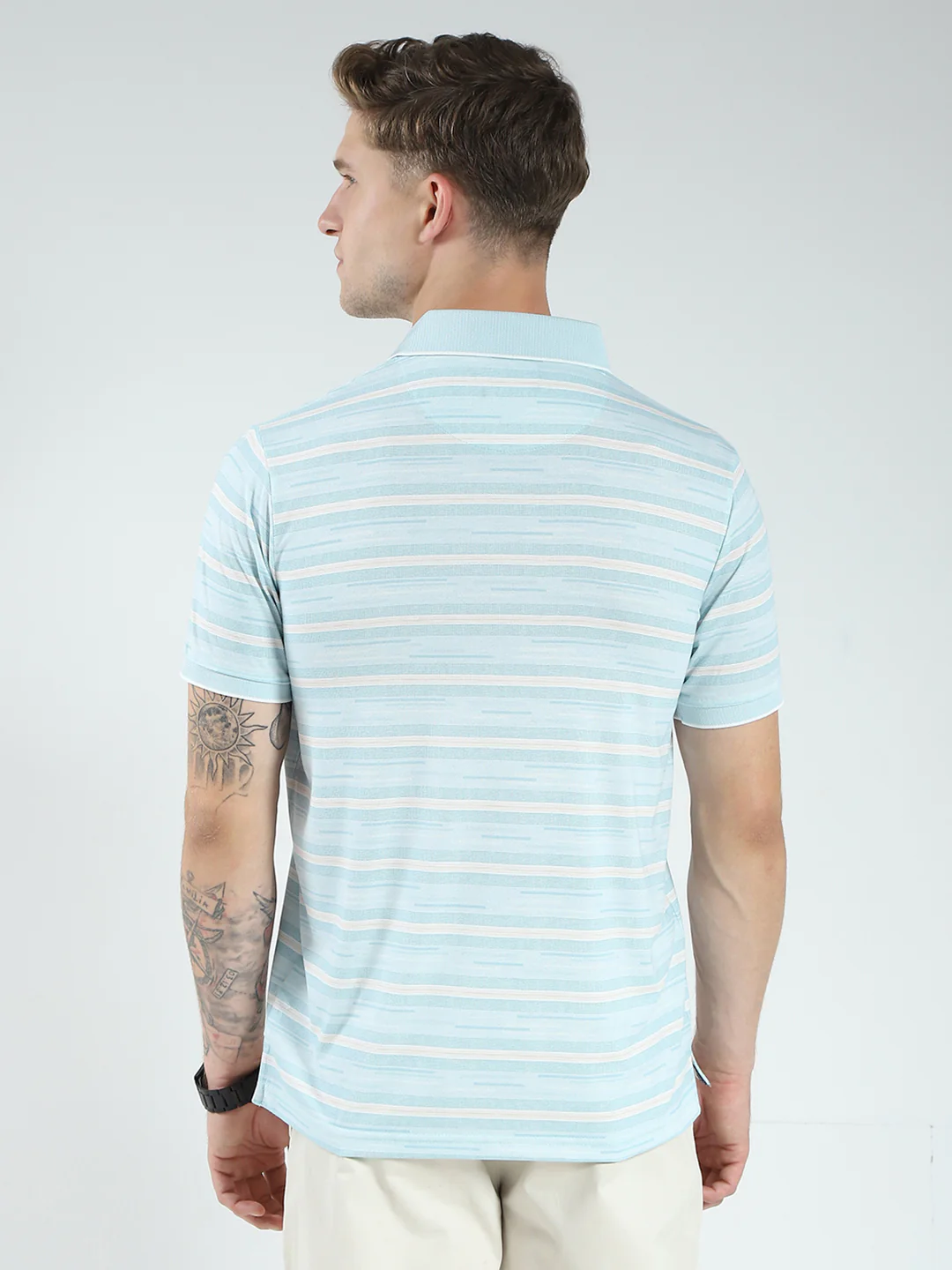 Men Blue Stripe Collar Half Sleeve T-Shirt - Image 5