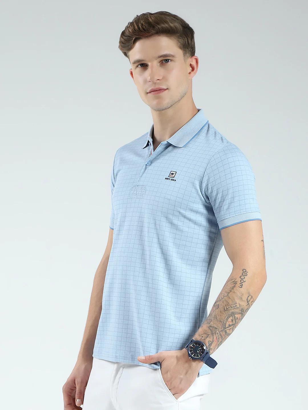 Men Blue Stripe Collar Half Sleeve T-Shirt - Image 3
