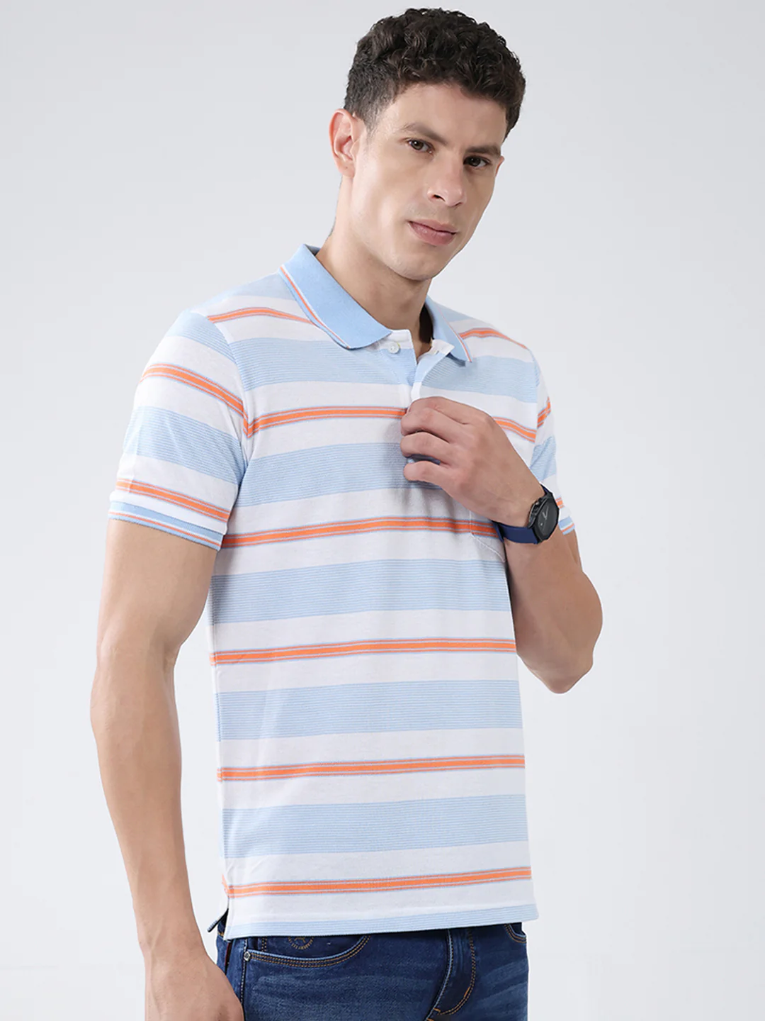 Men Blue Stripe Collar Half Sleeve T-Shirt - Image 4