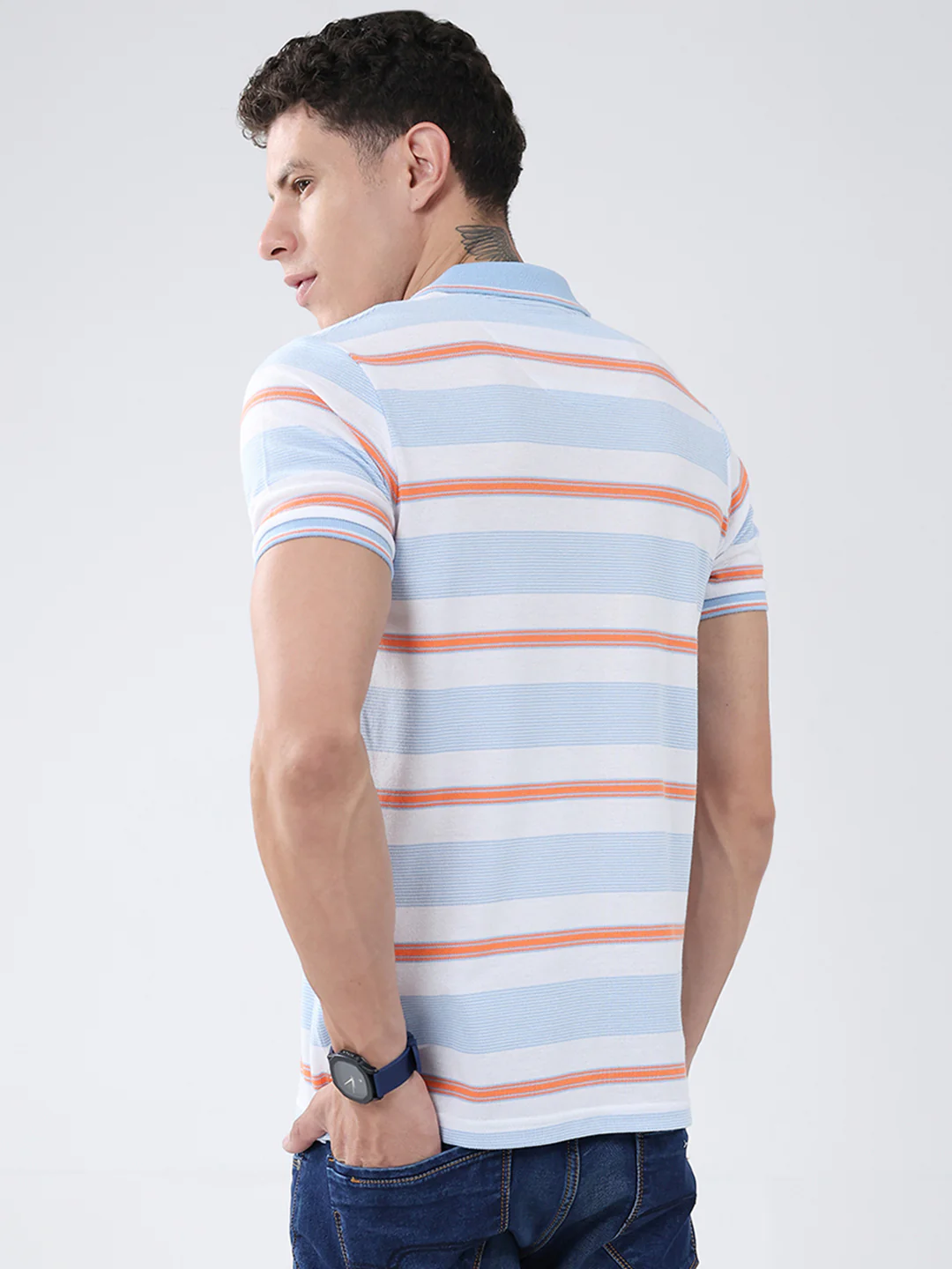 Men Blue Stripe Collar Half Sleeve T-Shirt - Image 5