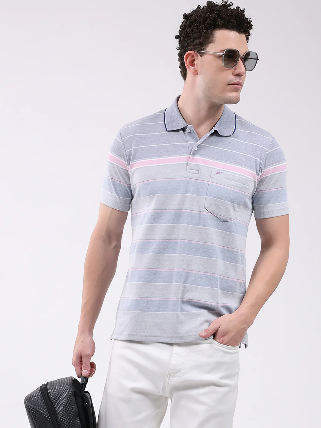 Men Blue Stripe Collar Half Sleeve T-Shirt - Image 6