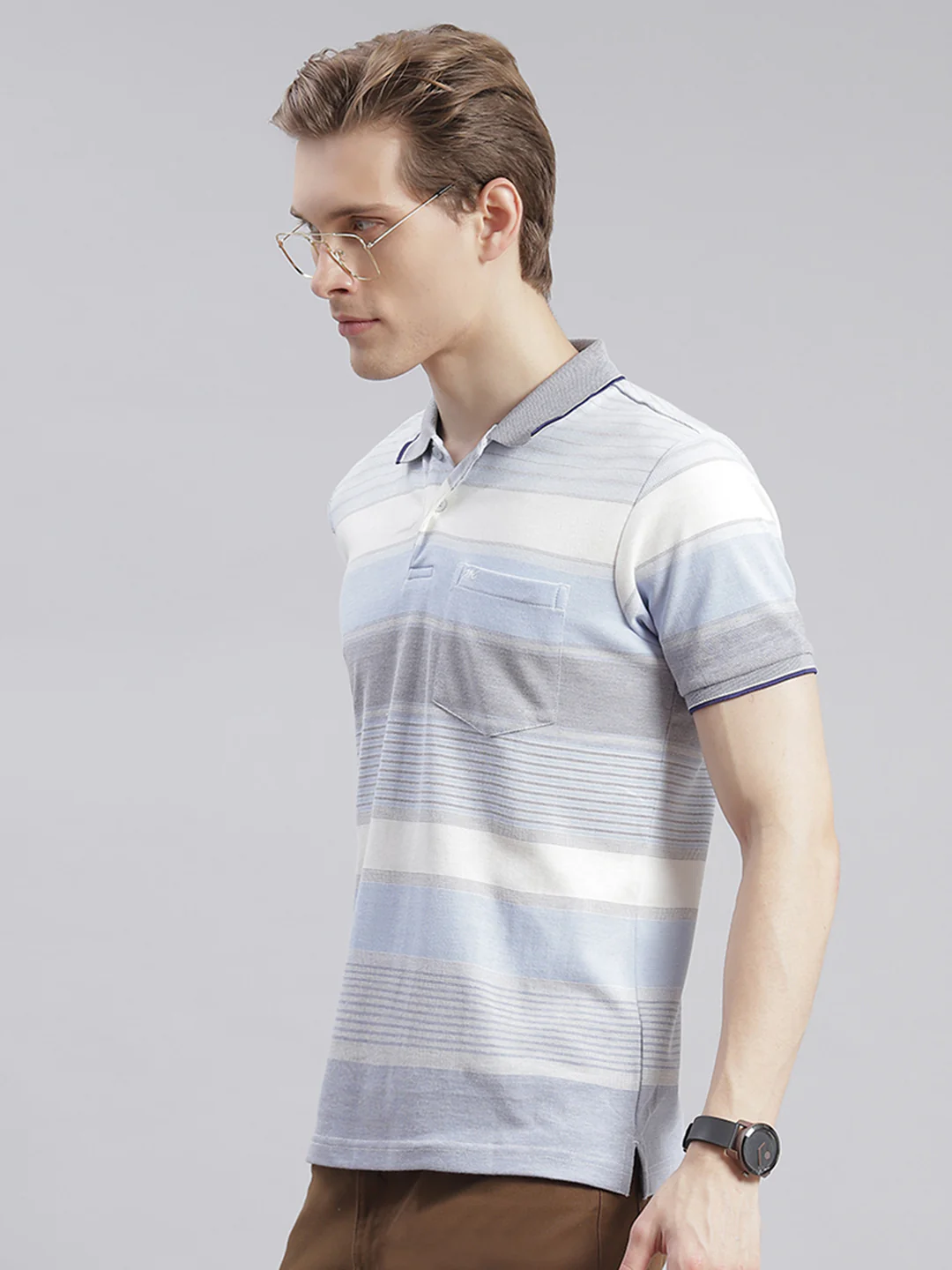 Men Blue Stripe Collar Half Sleeve T-Shirts - Image 3