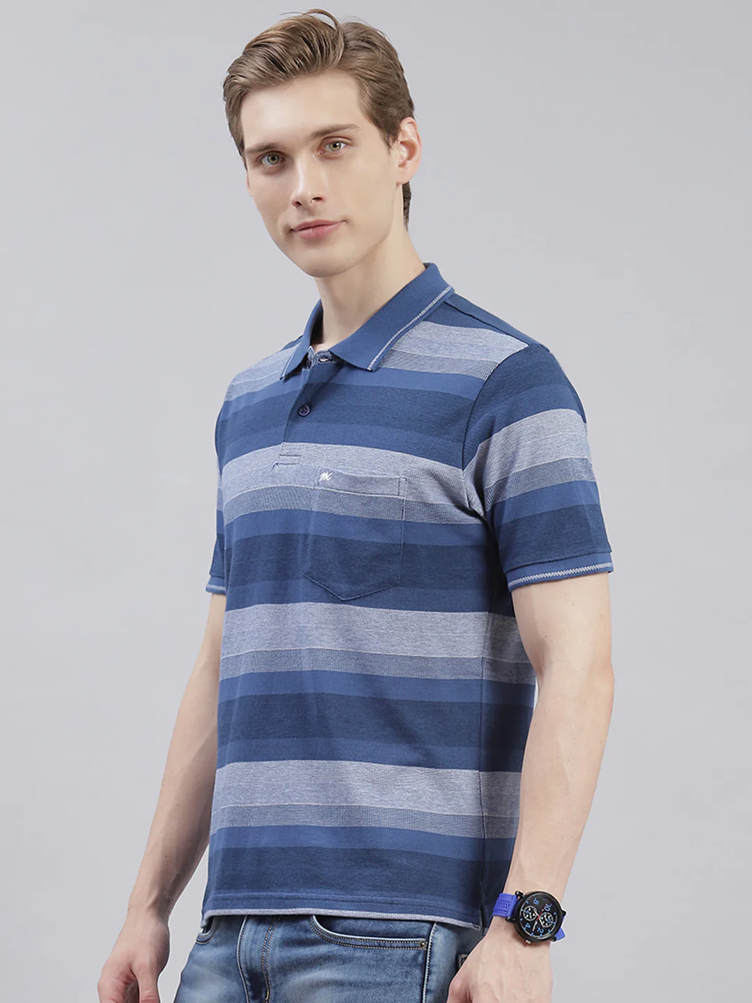 Men Blue Stripe Collar Half Sleeve T-Shirts - Image 4