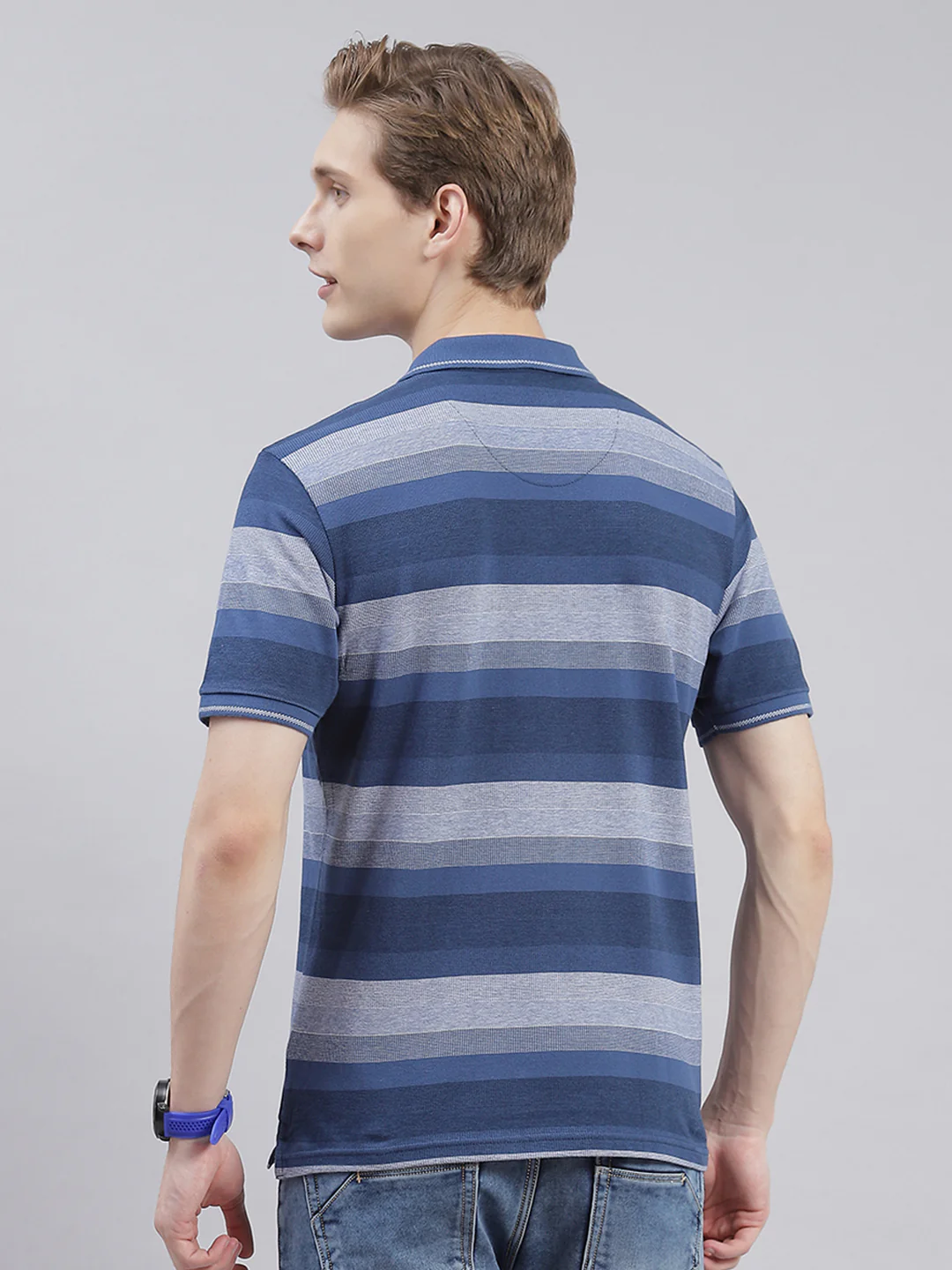 Men Blue Stripe Collar Half Sleeve T-Shirts - Image 6