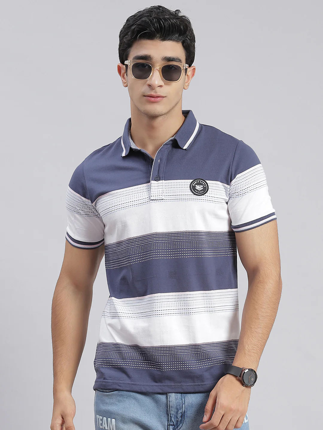Men Blue Stripe Collar Half Sleeve T-Shirts - Image 2