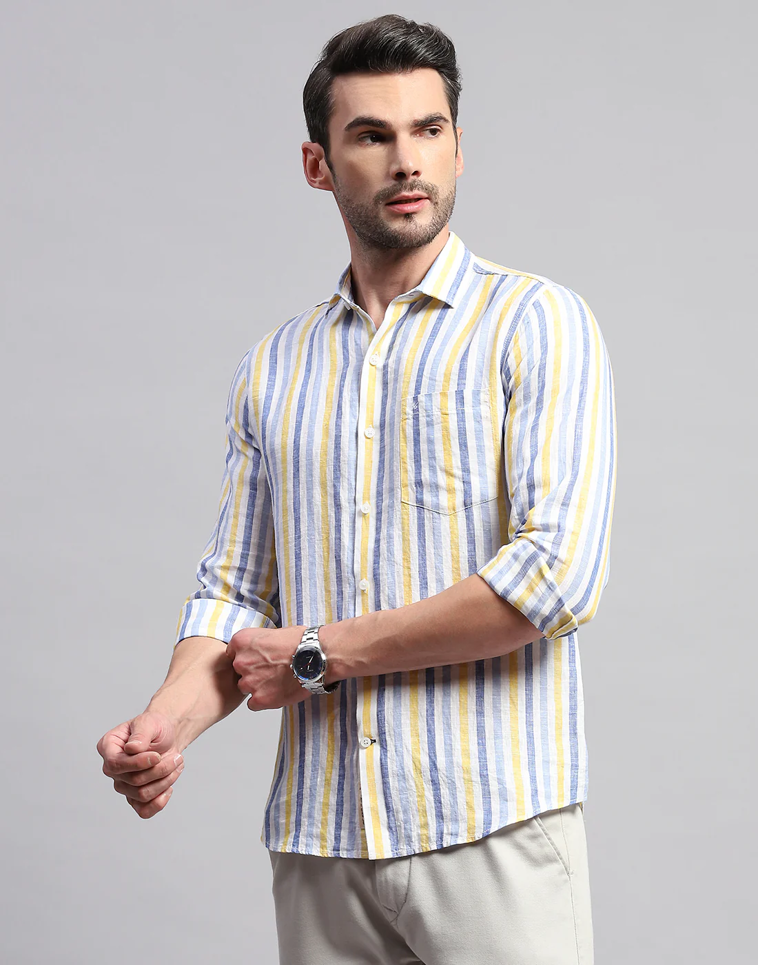 Men Blue Stripe Collar Neck Full Sleeve Linen Shirt - Image 3