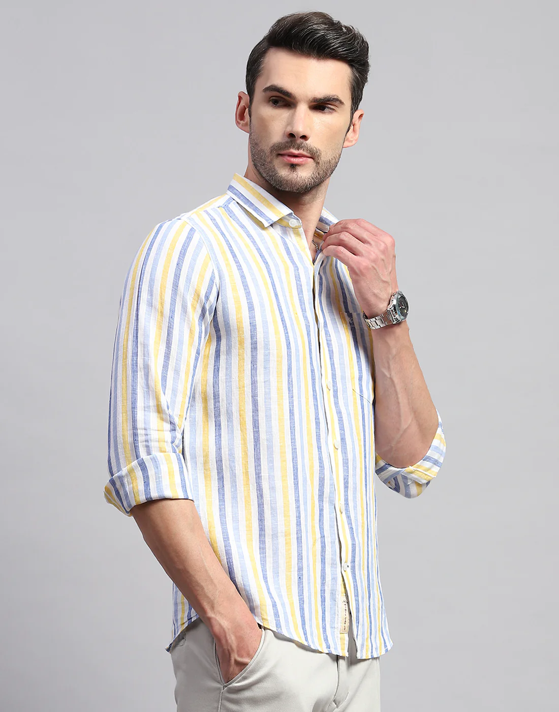 Men Blue Stripe Collar Neck Full Sleeve Linen Shirt - Image 4
