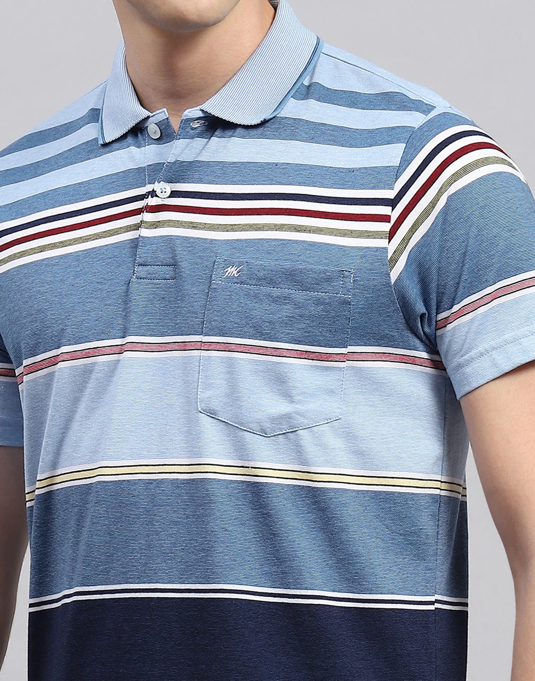 Men Blue Stripe Collar Neck Half Sleeve T-Shirt - Image 6