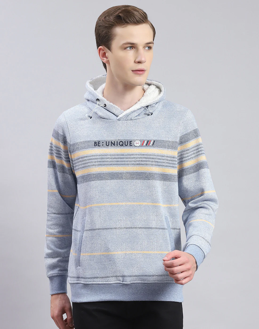 Men Blue Stripe Hooded Full Sleeve Sweatshirt - Image 2