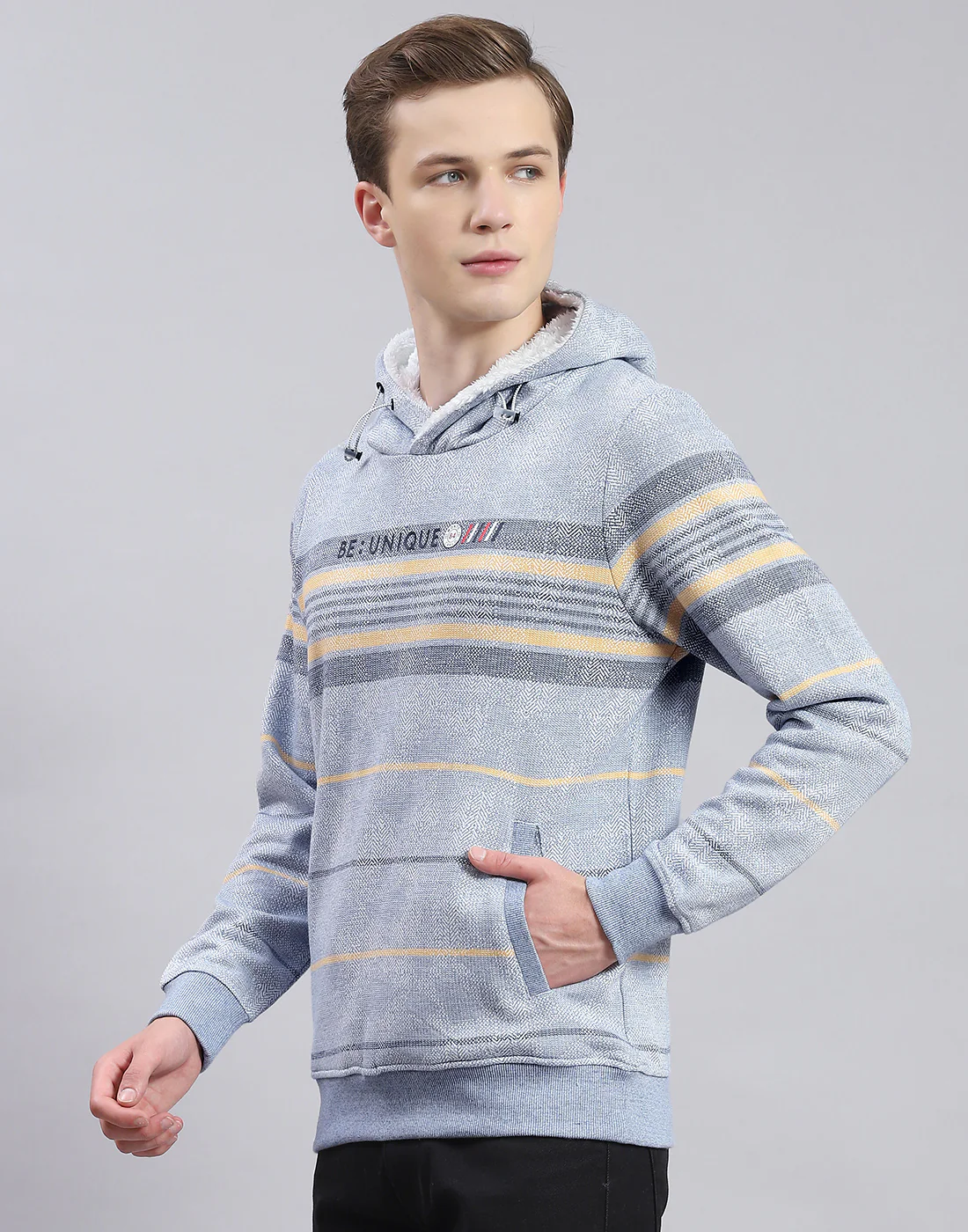Men Blue Stripe Hooded Full Sleeve Sweatshirt - Image 3