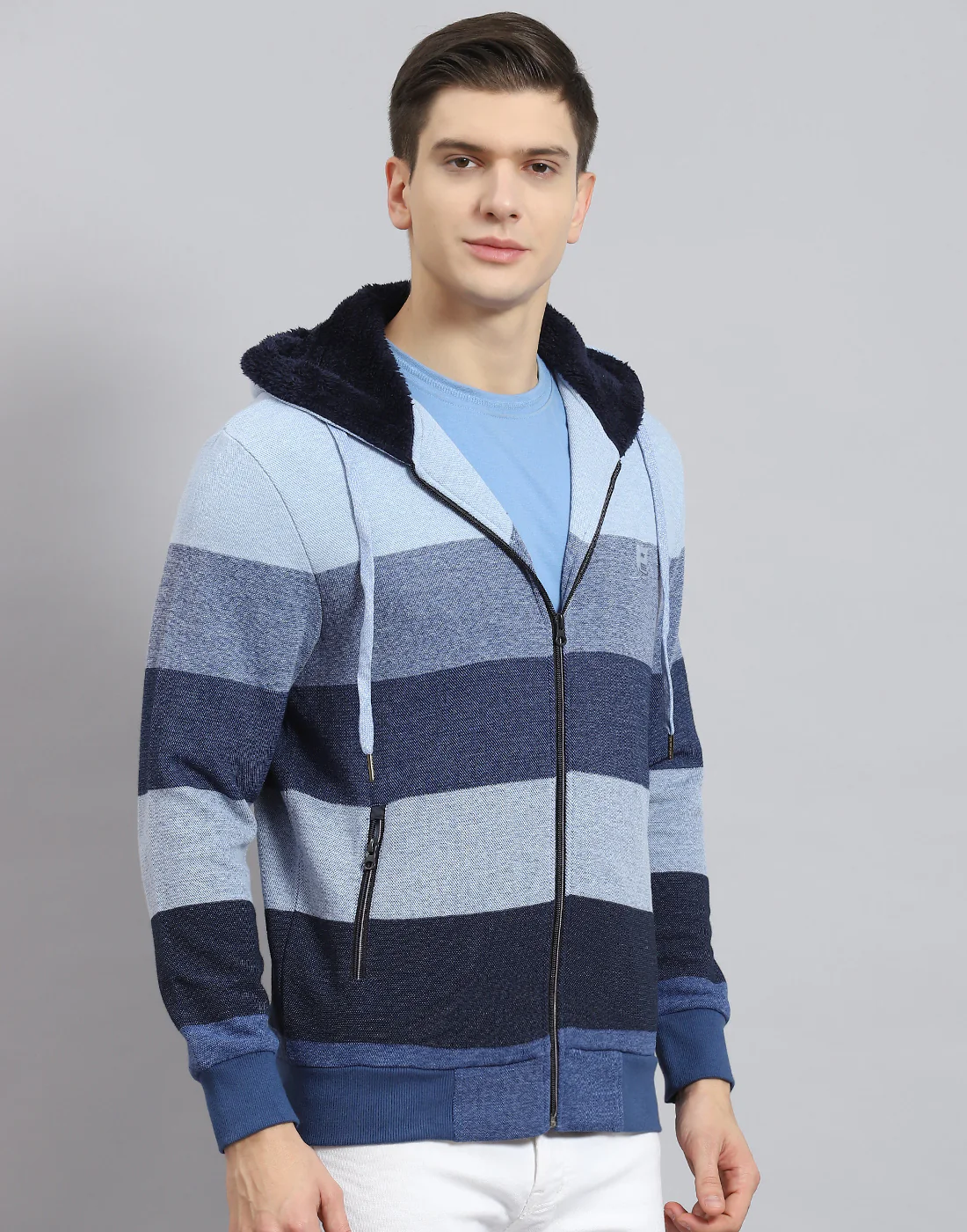 Men Blue Stripe Hooded Full Sleeve Sweatshirt - Image 6