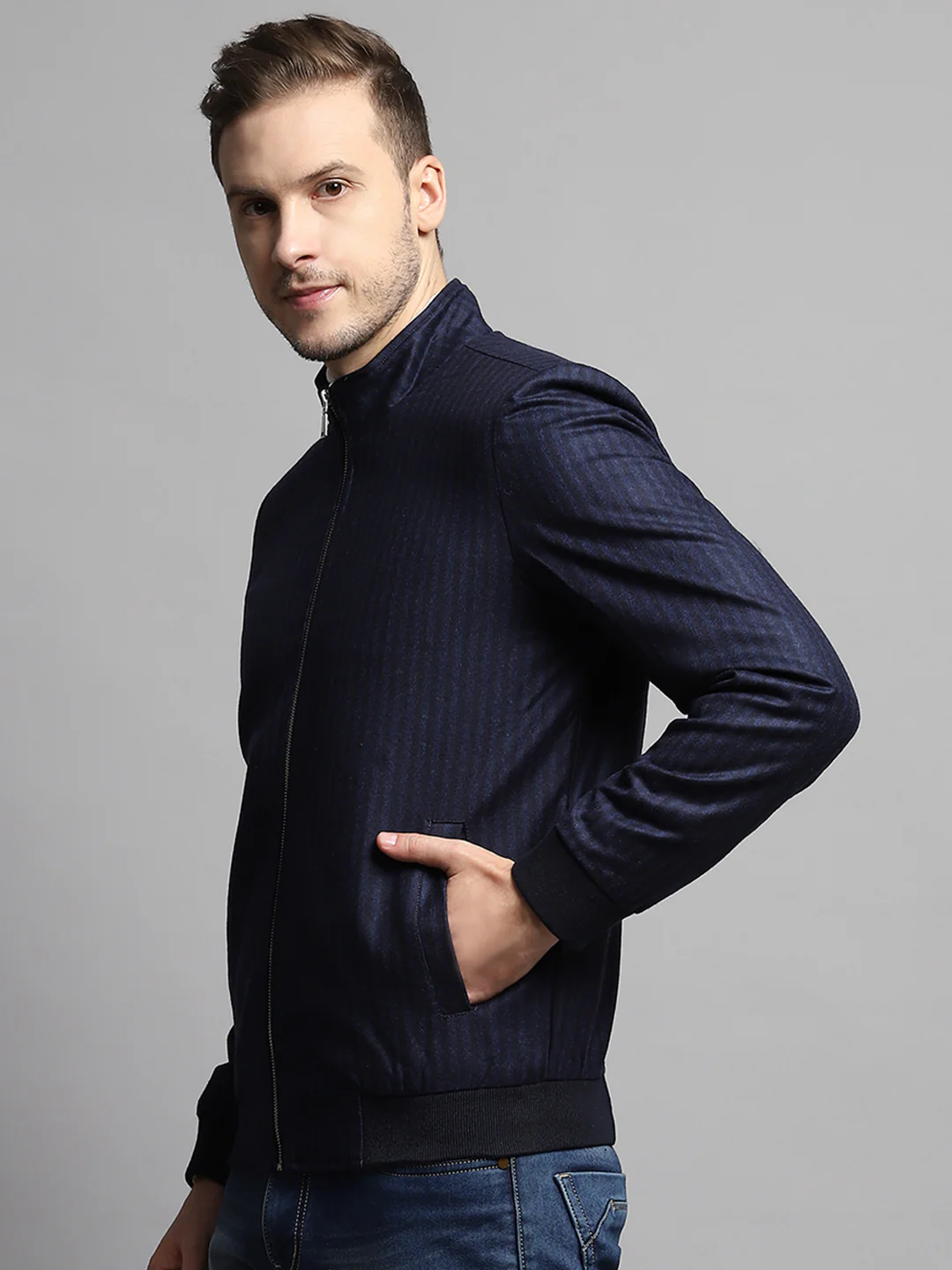 Luxuria Men Blue Stripe Mock Neck Full Sleeve Coat - Image 3