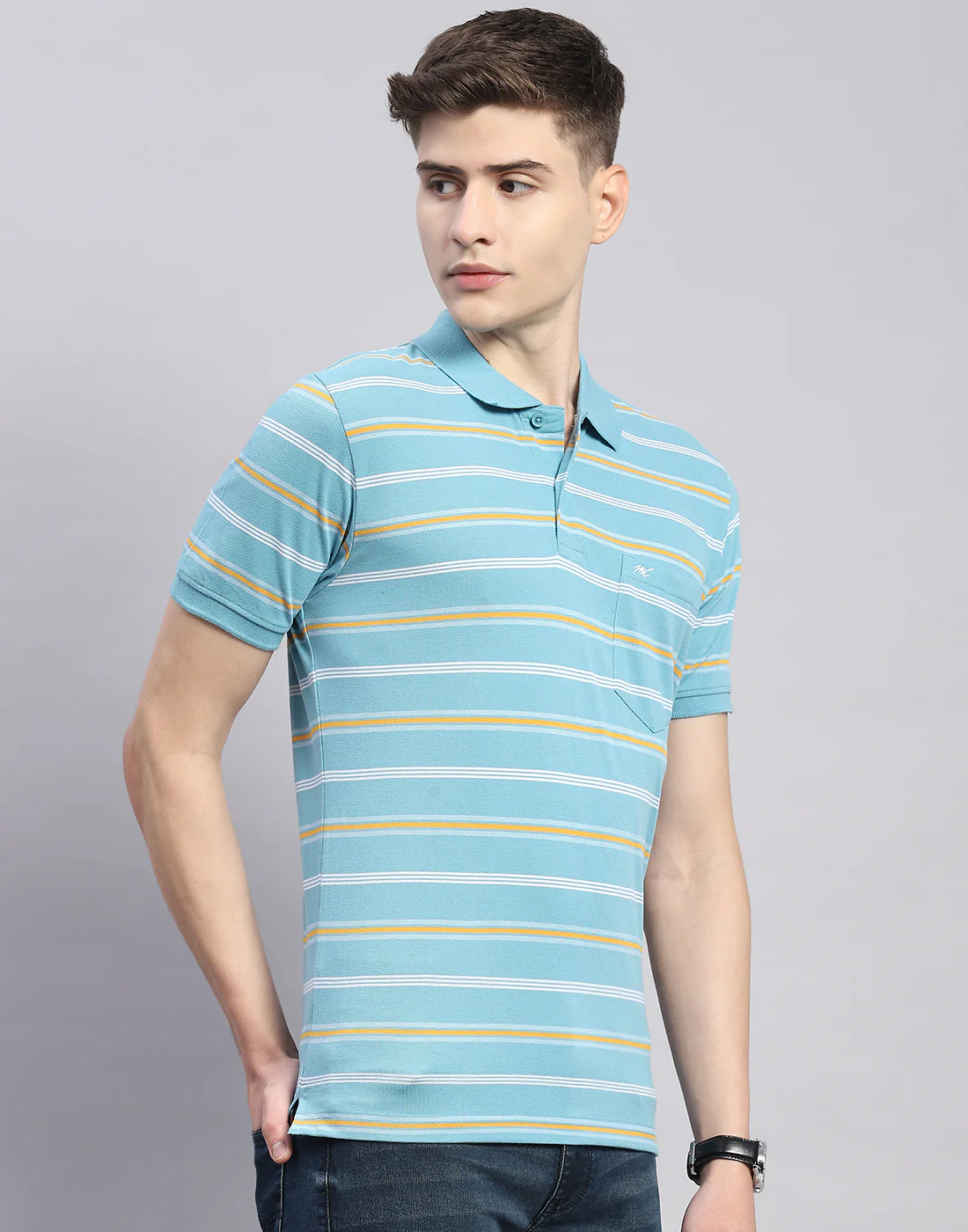 Men Blue Stripe Polo Collar Half Sleeve T-Shirt - Image 4