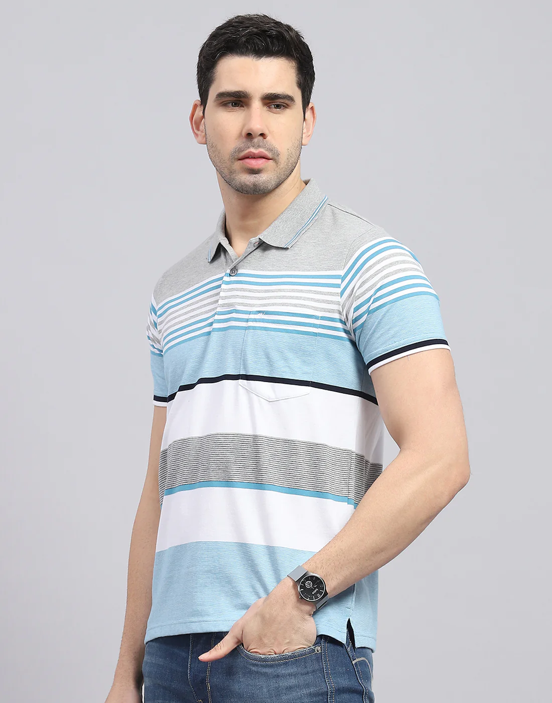 Men Blue Stripe Polo Collar Half Sleeve T-Shirt - Image 3