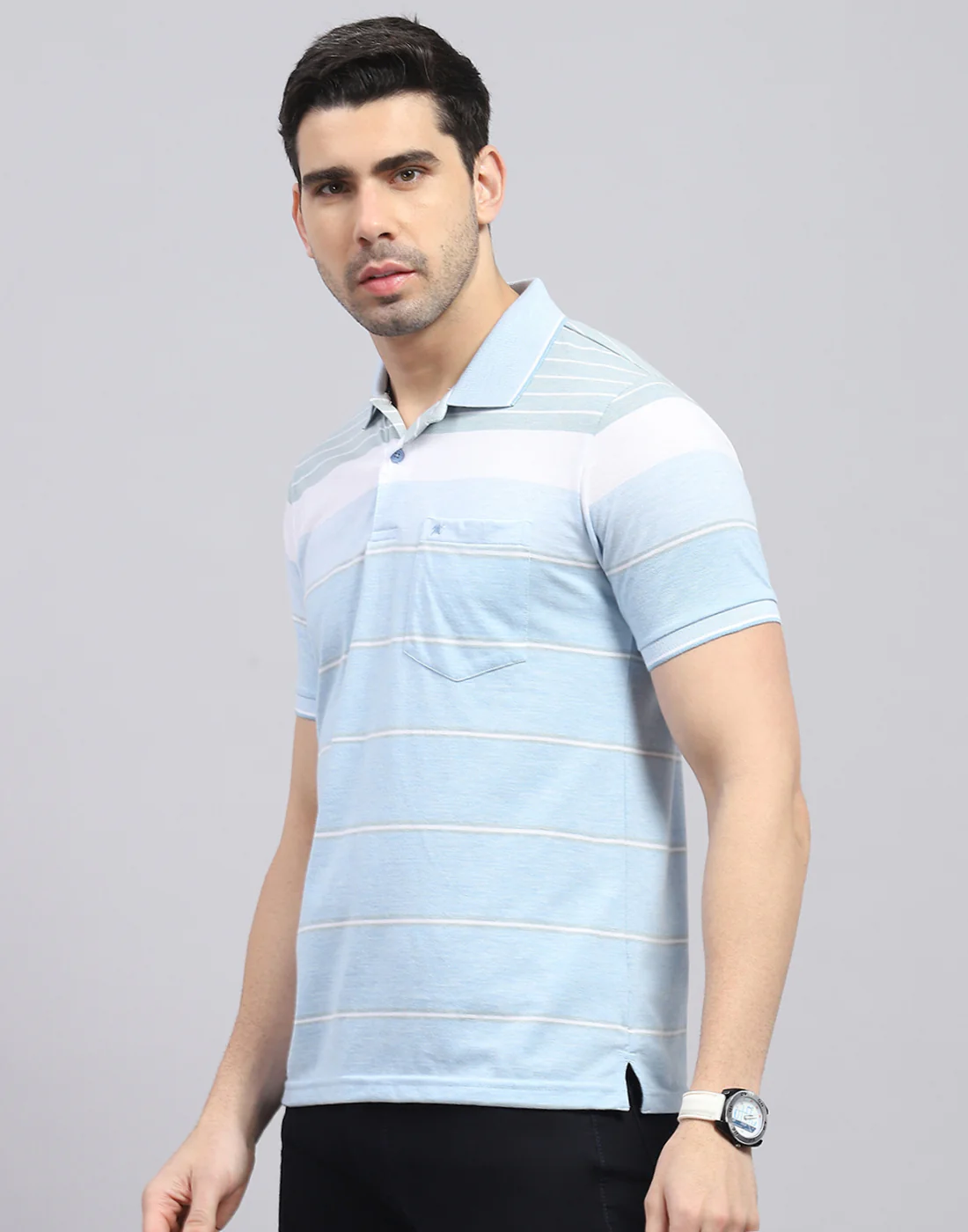 Men Blue Stripe Polo Collar Half Sleeve T-Shirt - Image 4