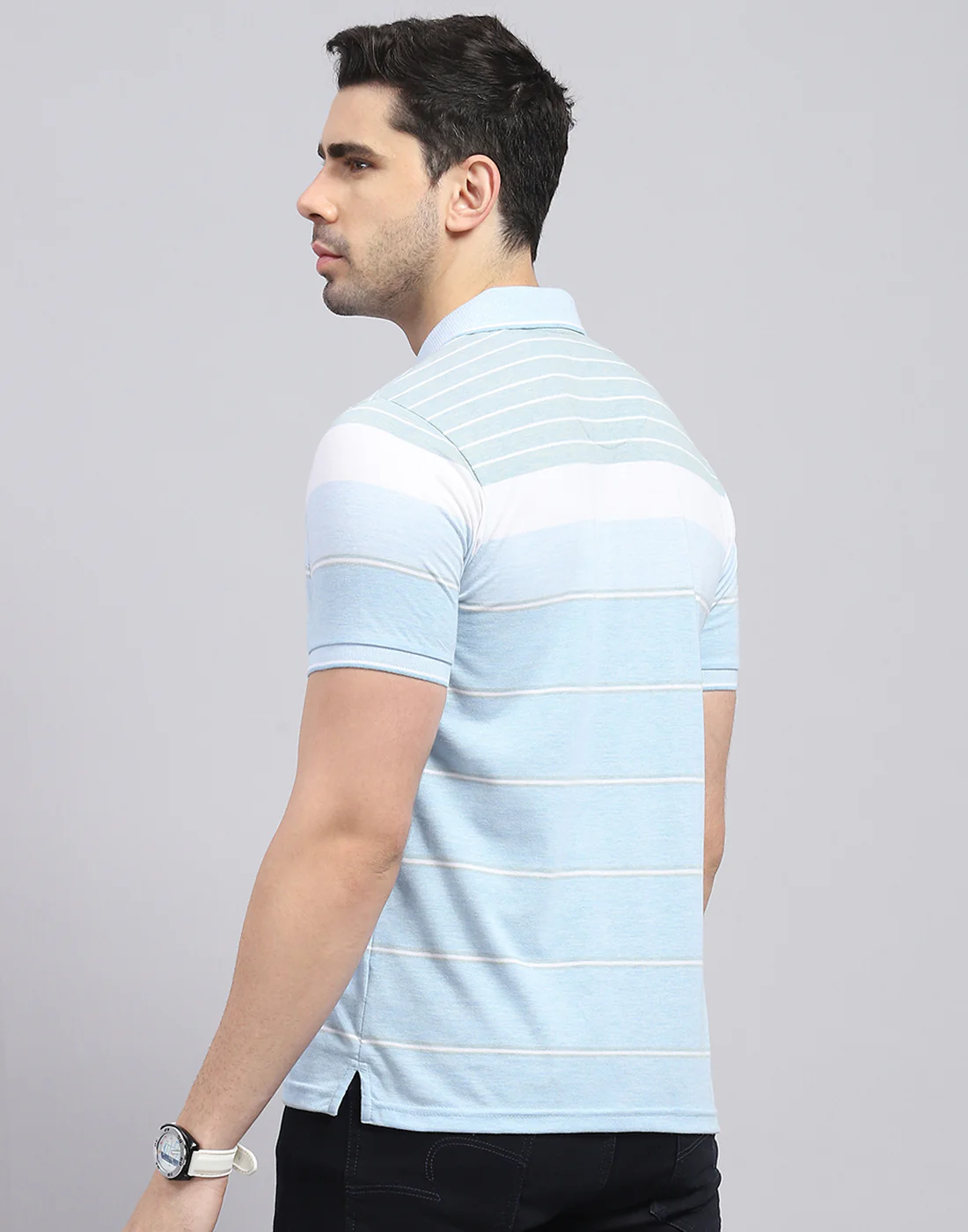 Men Blue Stripe Polo Collar Half Sleeve T-Shirt - Image 6