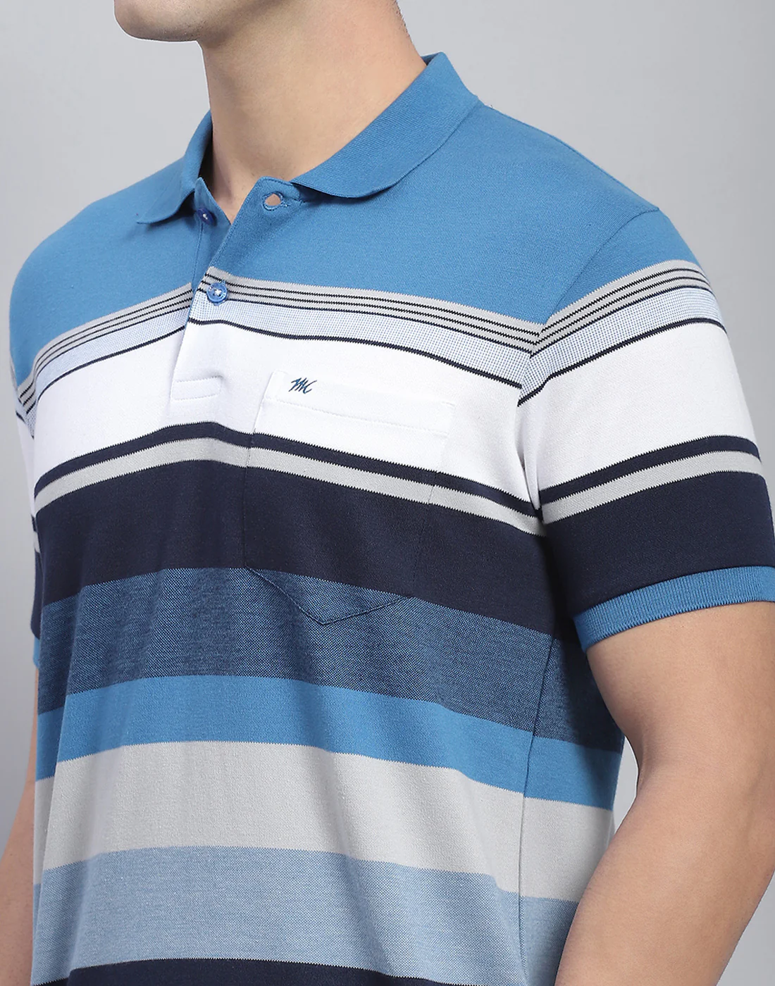 Men Blue Stripe Polo Collar Half Sleeve T-Shirt - Image 7