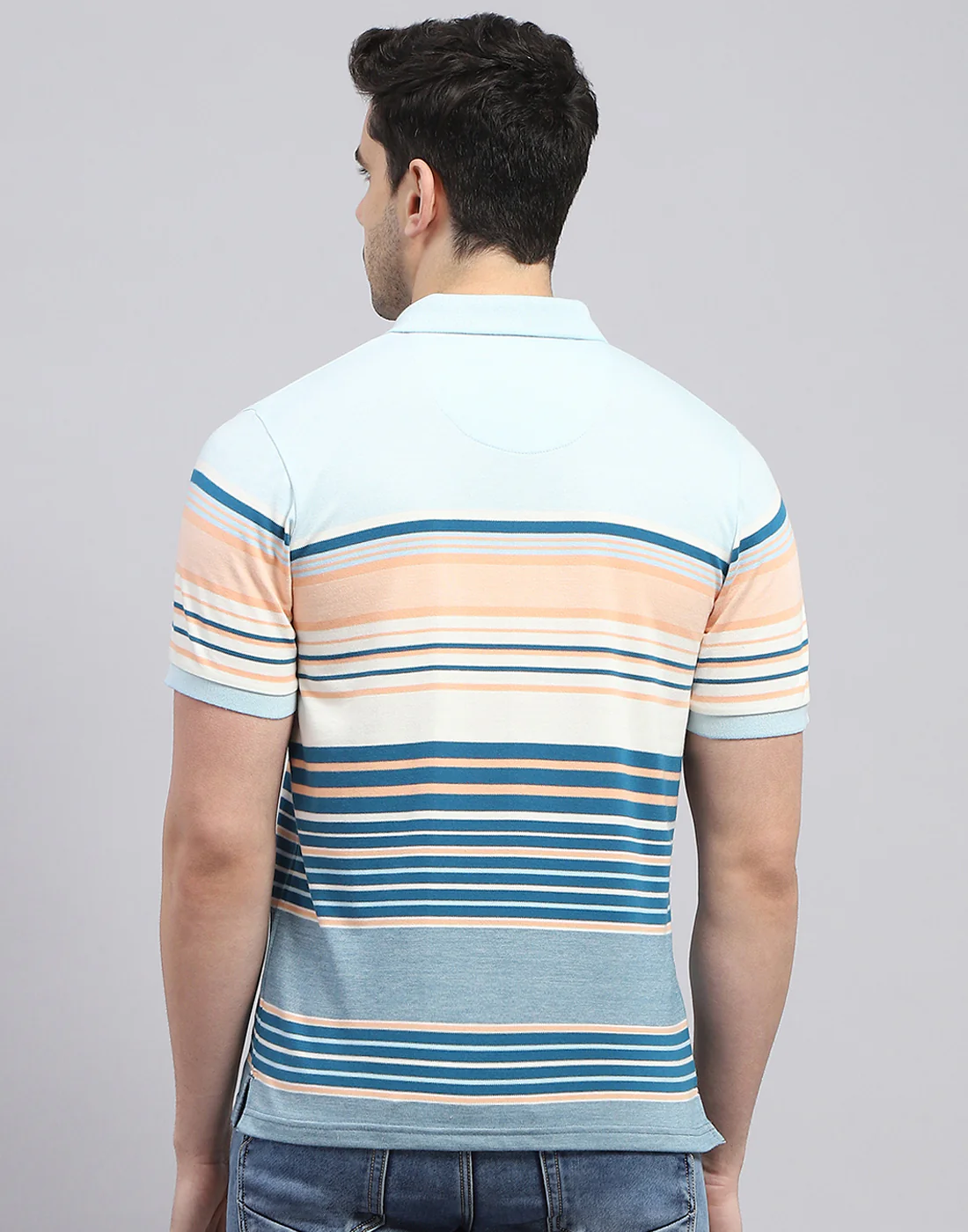 Men Blue Stripe Polo Collar Half Sleeve T-Shirt - Image 5