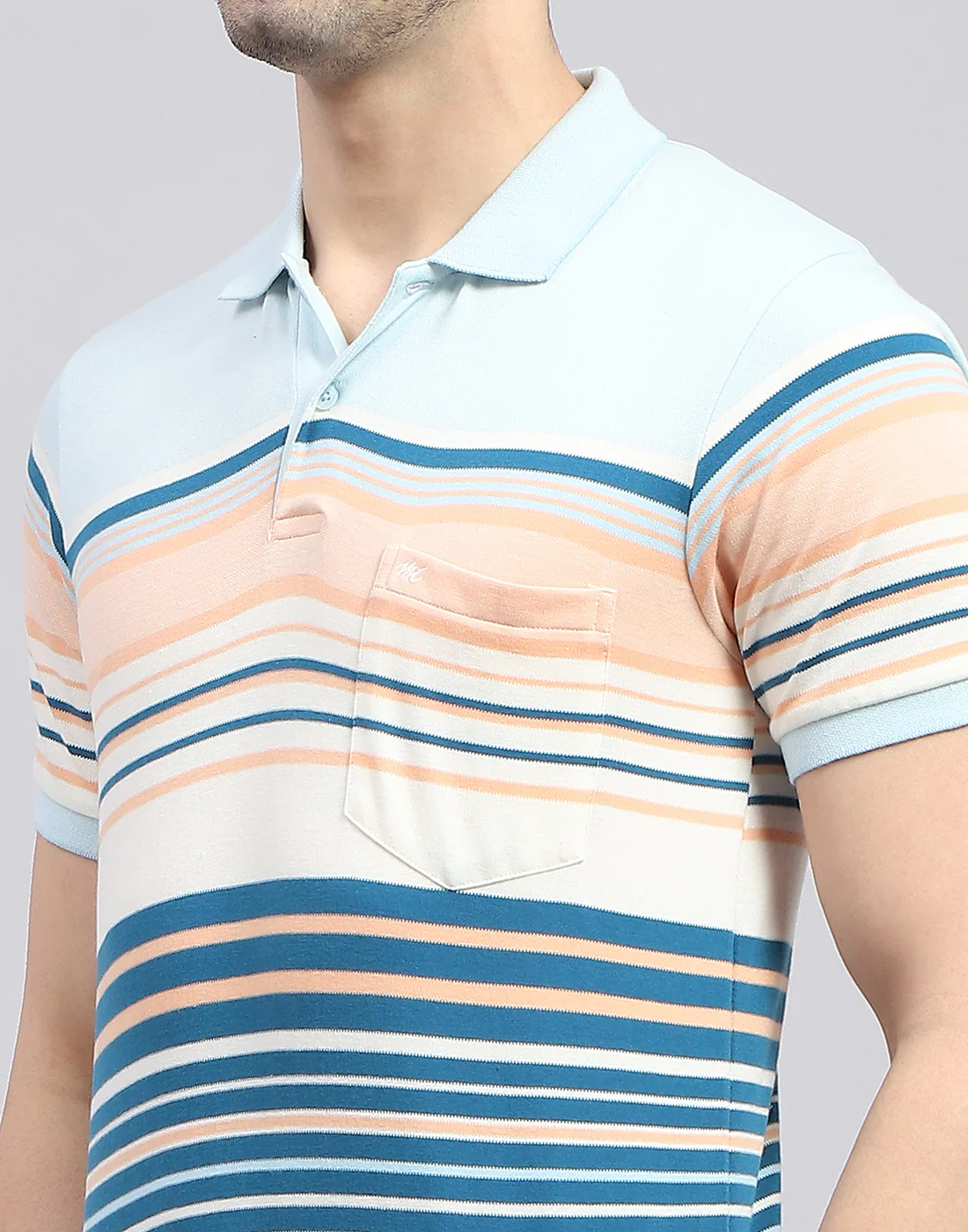 Men Blue Stripe Polo Collar Half Sleeve T-Shirt - Image 6