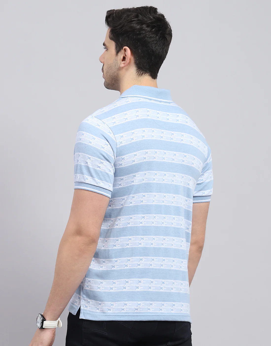 Men Blue Stripe Polo Collar Half Sleeve T-Shirt - Image 5