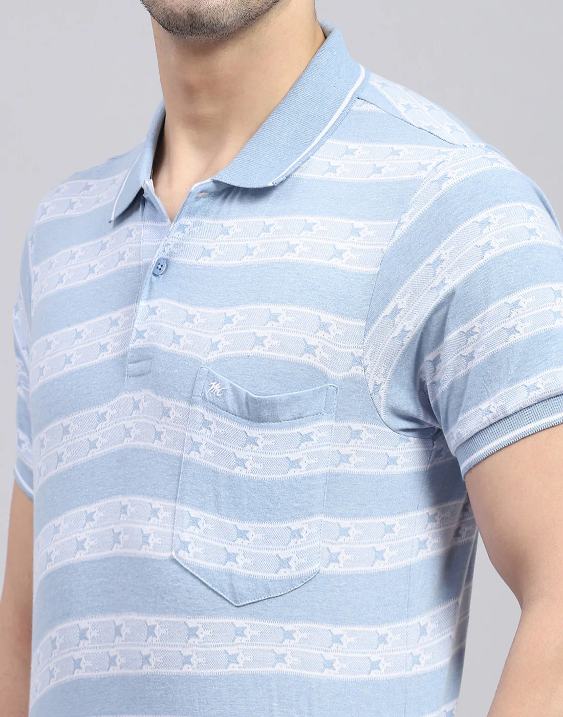 Men Blue Stripe Polo Collar Half Sleeve T-Shirt - Image 6