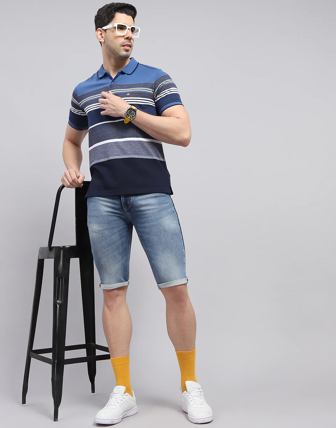 Men Blue Stripe Polo Collar Half Sleeve T-Shirt - Image 2