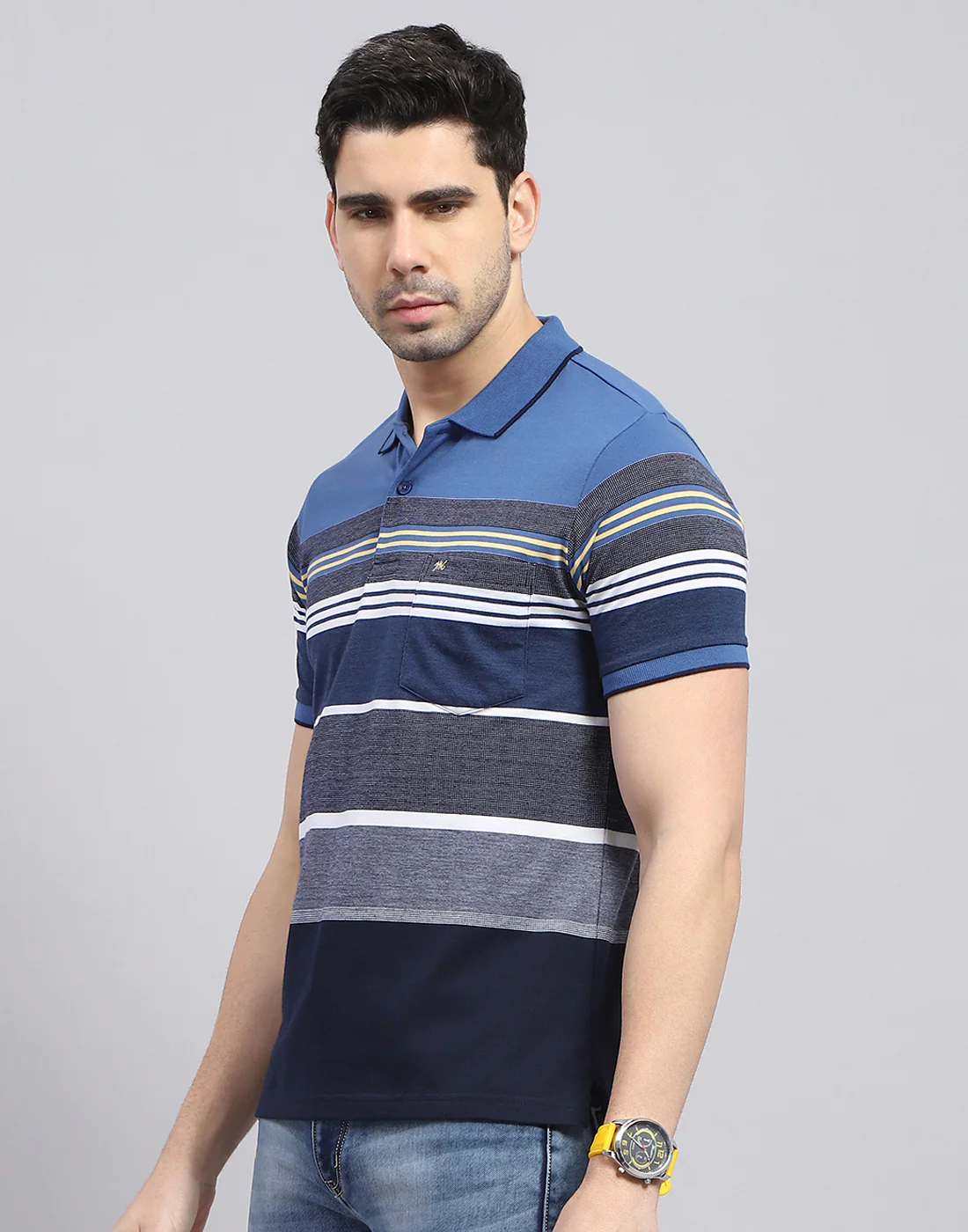 Men Blue Stripe Polo Collar Half Sleeve T-Shirt - Image 4