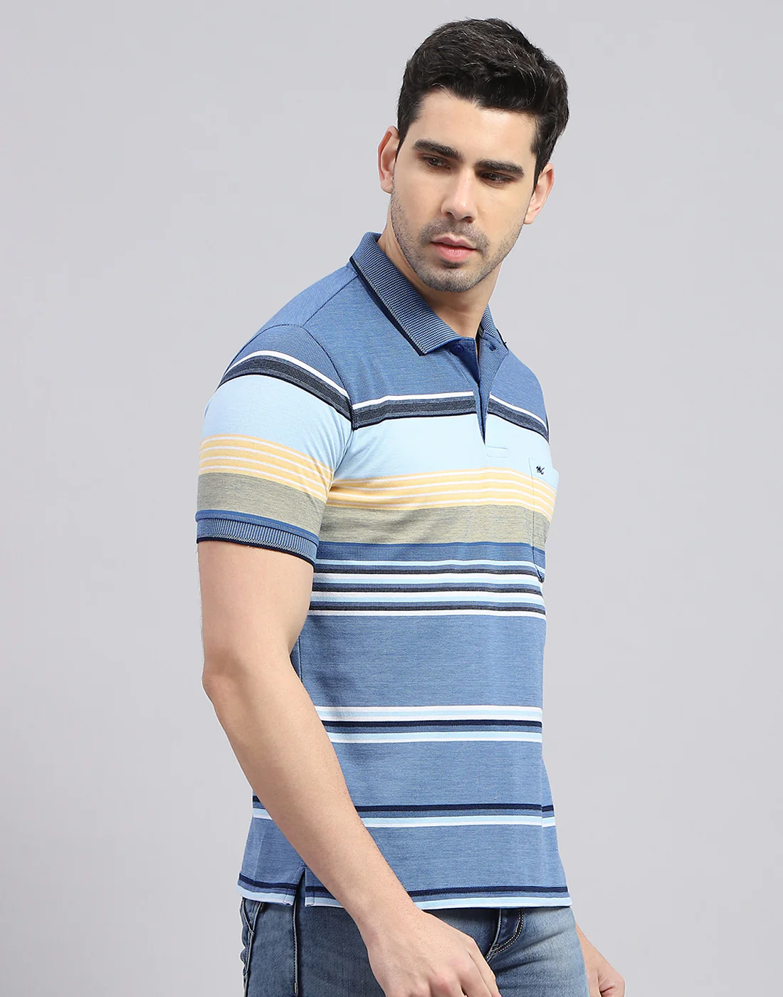 Men Blue Stripe Polo Collar Half Sleeve T-Shirt - Image 4