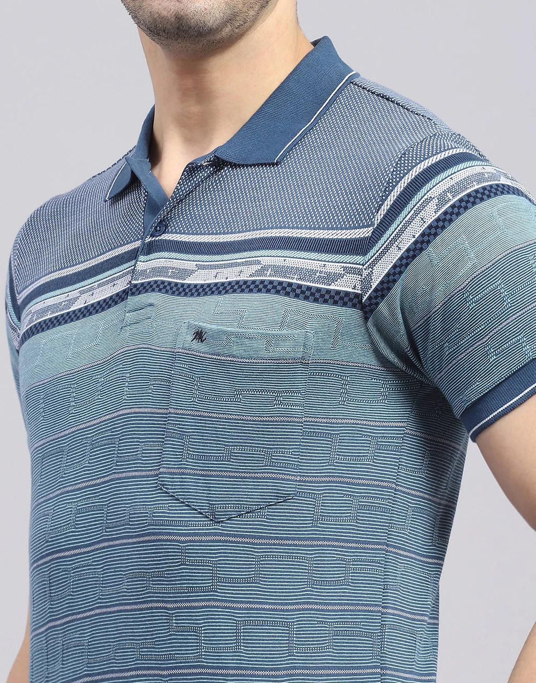 Men Blue Stripe Polo Collar Half Sleeve T-Shirt - Image 6