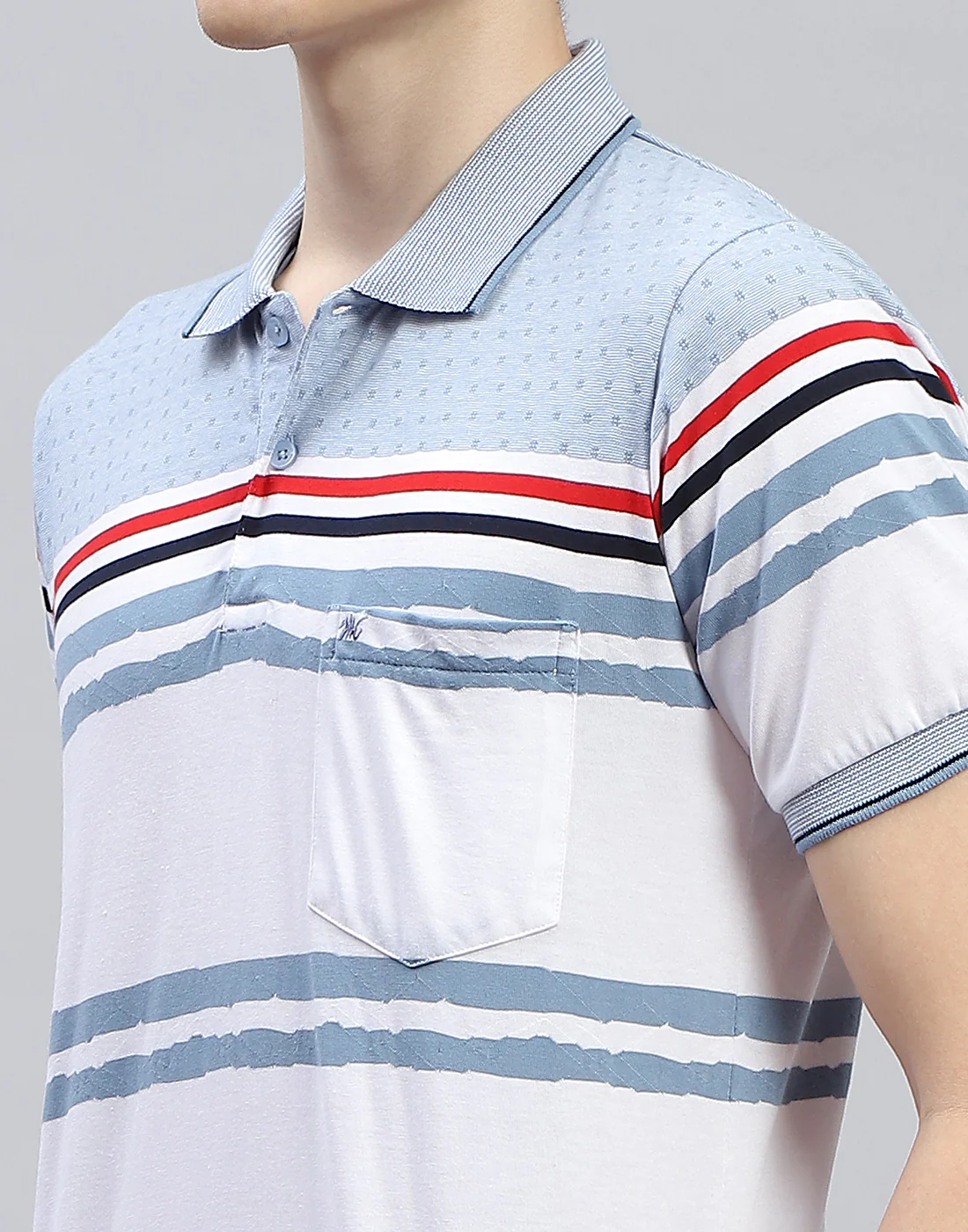 Men Blue Stripe Polo Collar Half Sleeve T-Shirt - Image 7