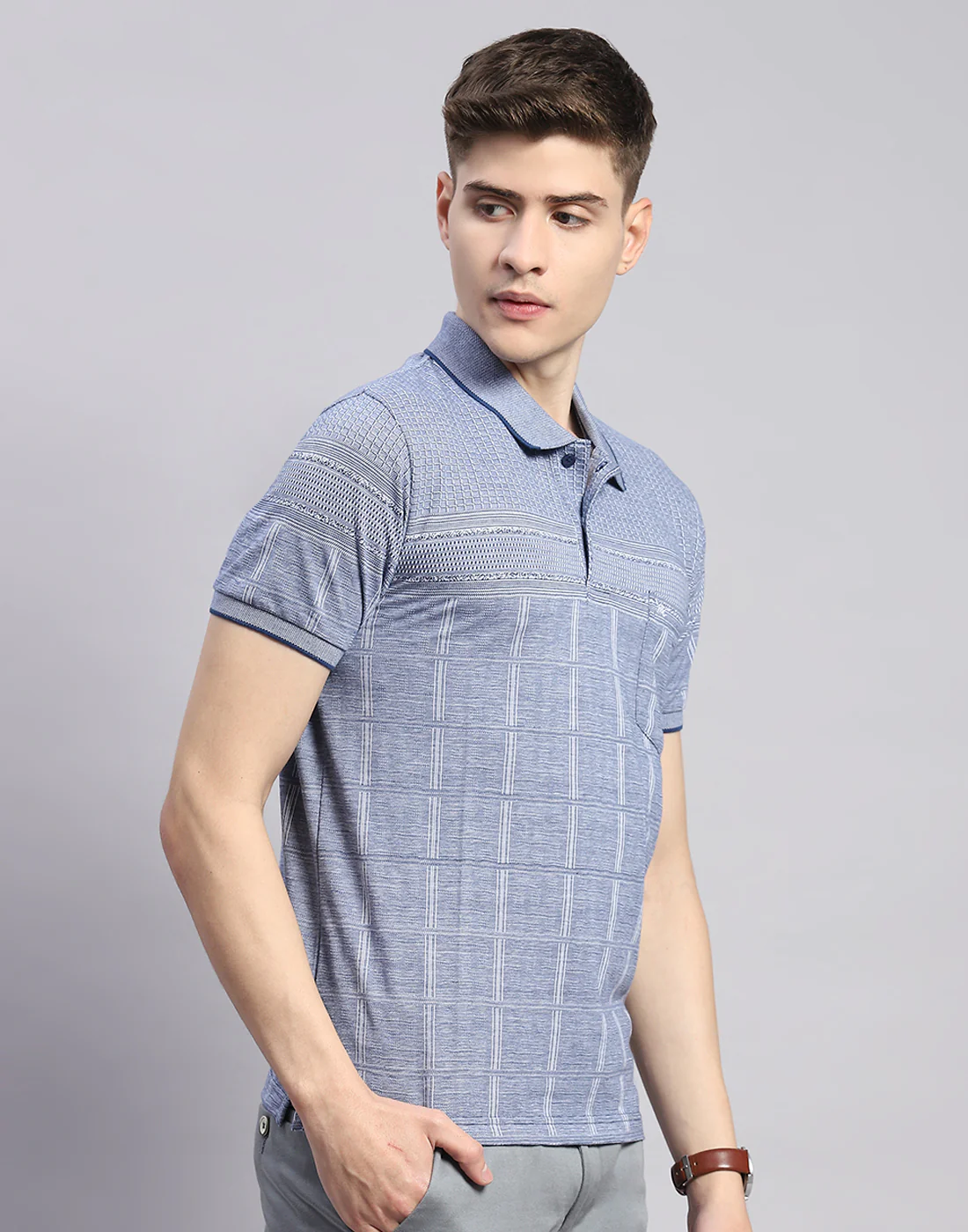 Men Blue Stripe Polo Collar Half Sleeve T-Shirt - Image 5