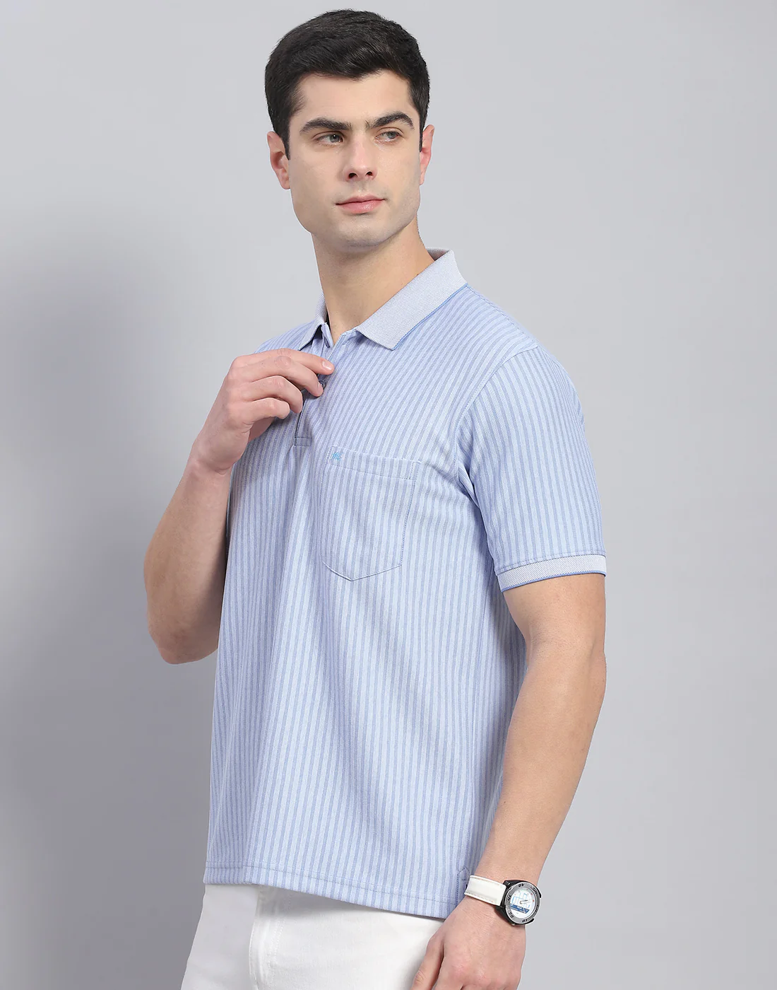Men Blue Stripe Polo Collar Half Sleeve T-Shirt - Image 3