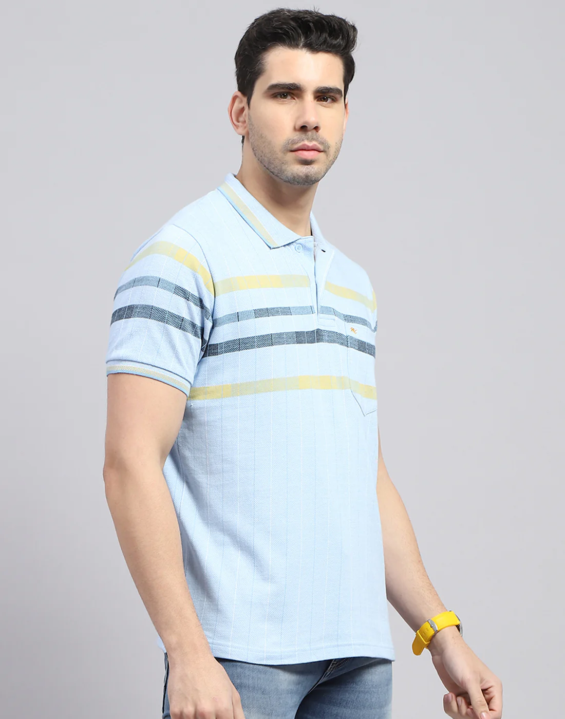 Men Blue Stripe Polo Collar Half Sleeve T-Shirt - Image 4
