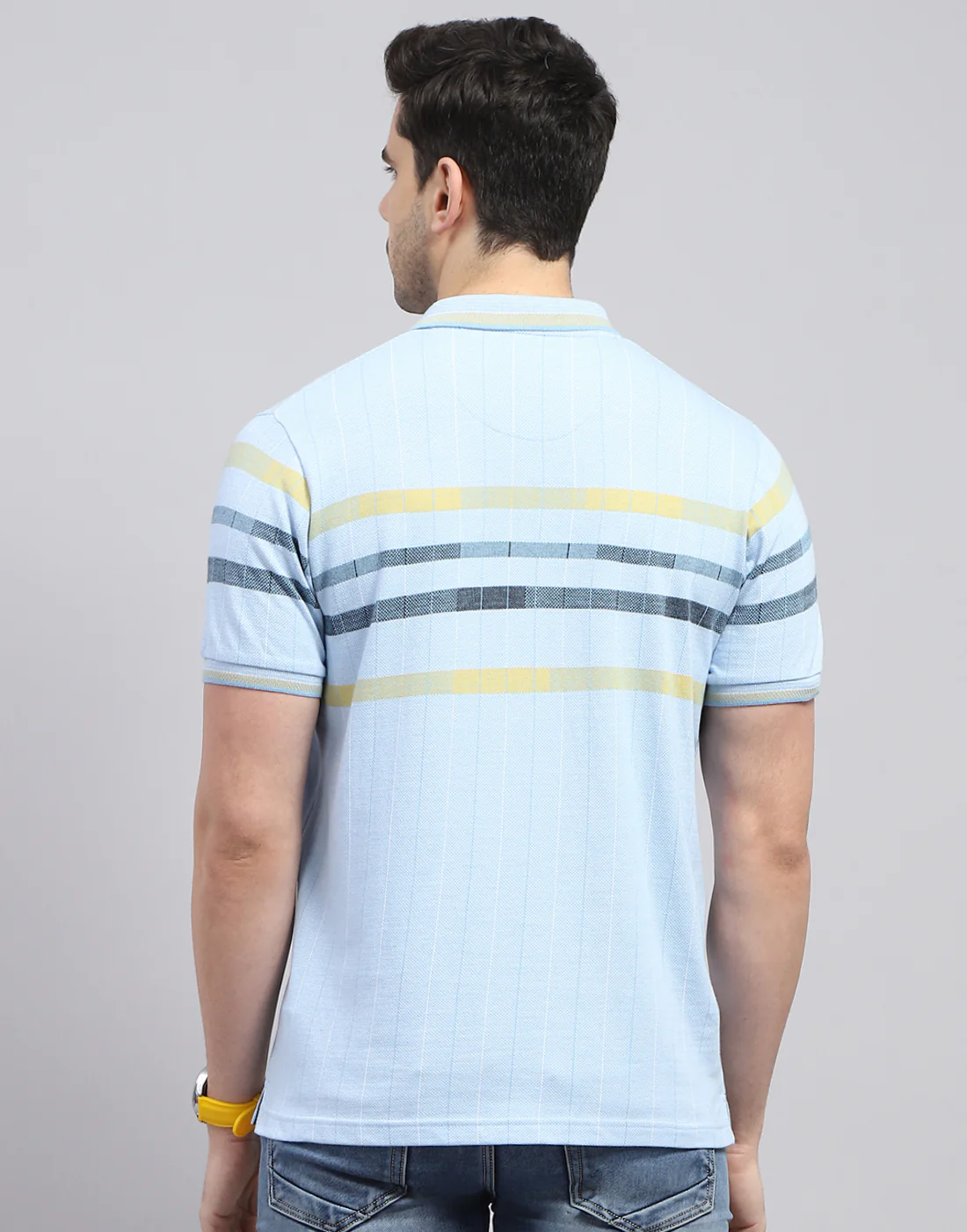 Men Blue Stripe Polo Collar Half Sleeve T-Shirt - Image 5