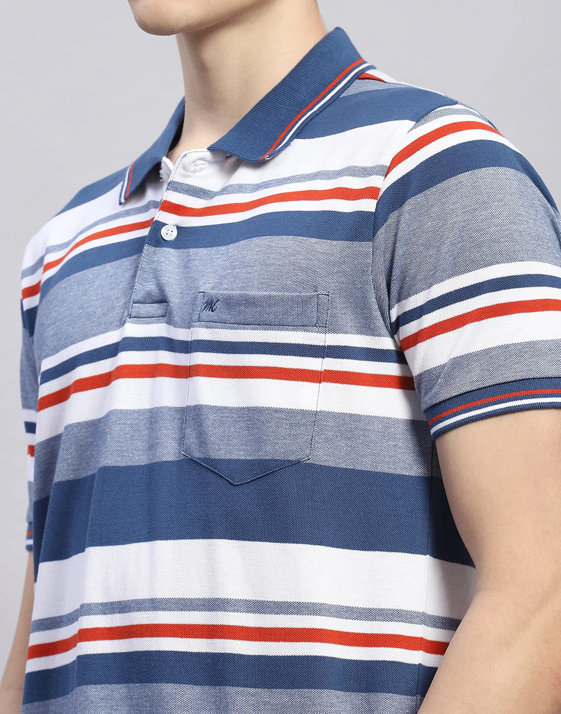 Men Blue Stripe Polo Collar Half Sleeve T-Shirt - Image 7