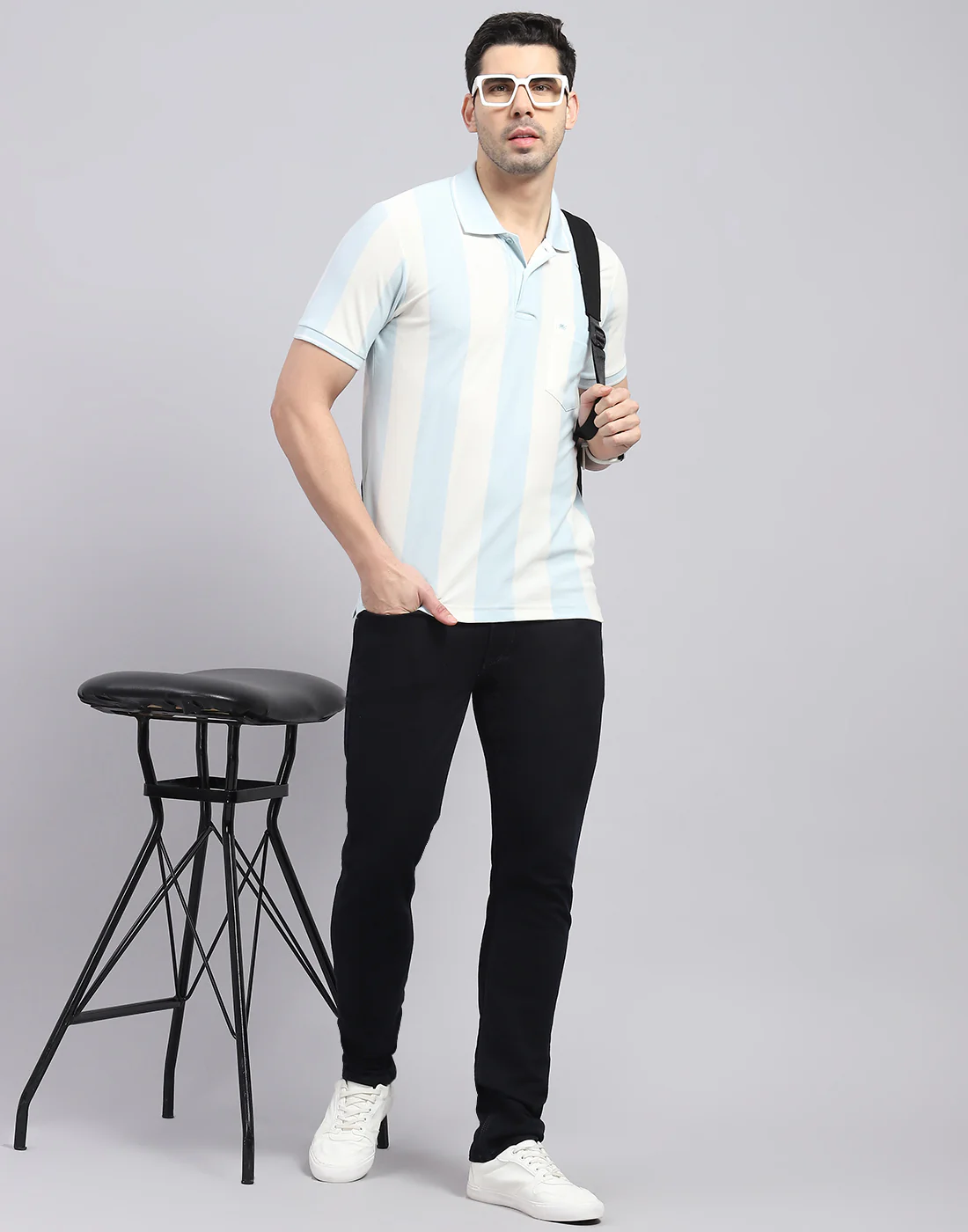 Men Blue Stripe Polo Collar Half Sleeve T-Shirt - Image 2