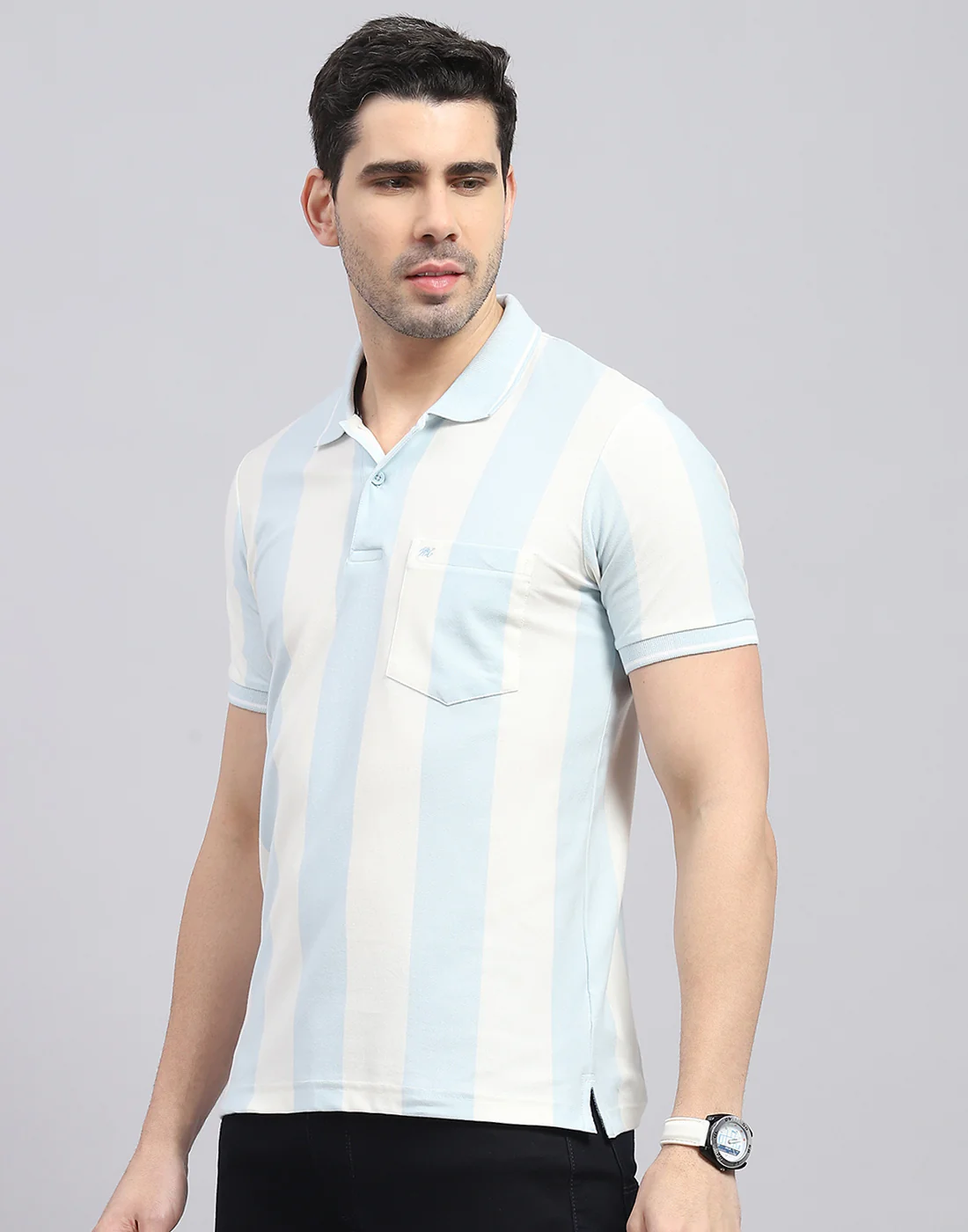 Men Blue Stripe Polo Collar Half Sleeve T-Shirt - Image 3