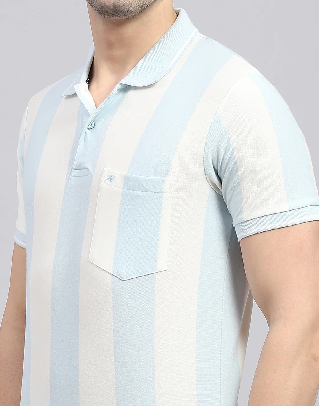 Men Blue Stripe Polo Collar Half Sleeve T-Shirt - Image 6