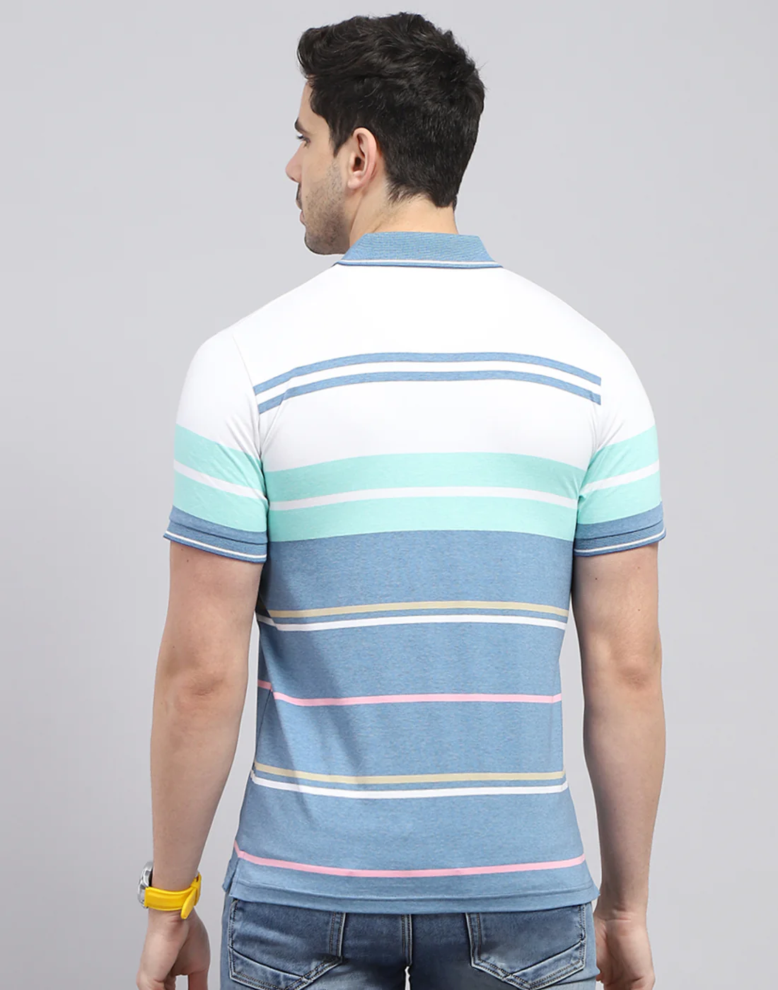 Men Blue Stripe Polo Collar Half Sleeve T-Shirt - Image 5