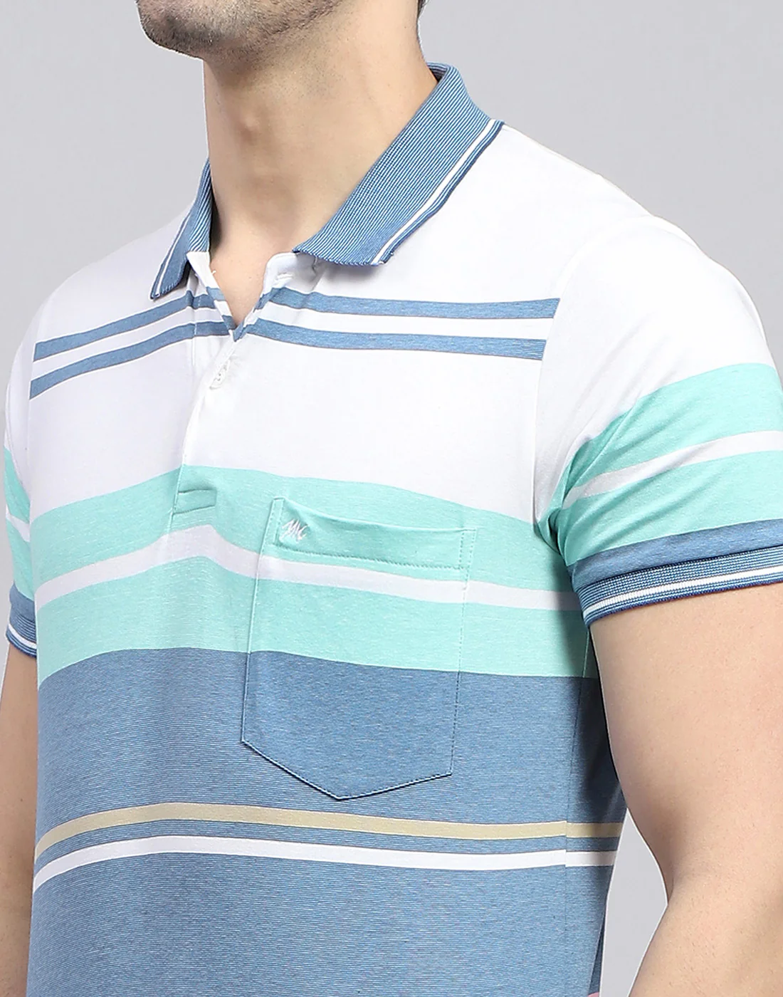 Men Blue Stripe Polo Collar Half Sleeve T-Shirt - Image 6