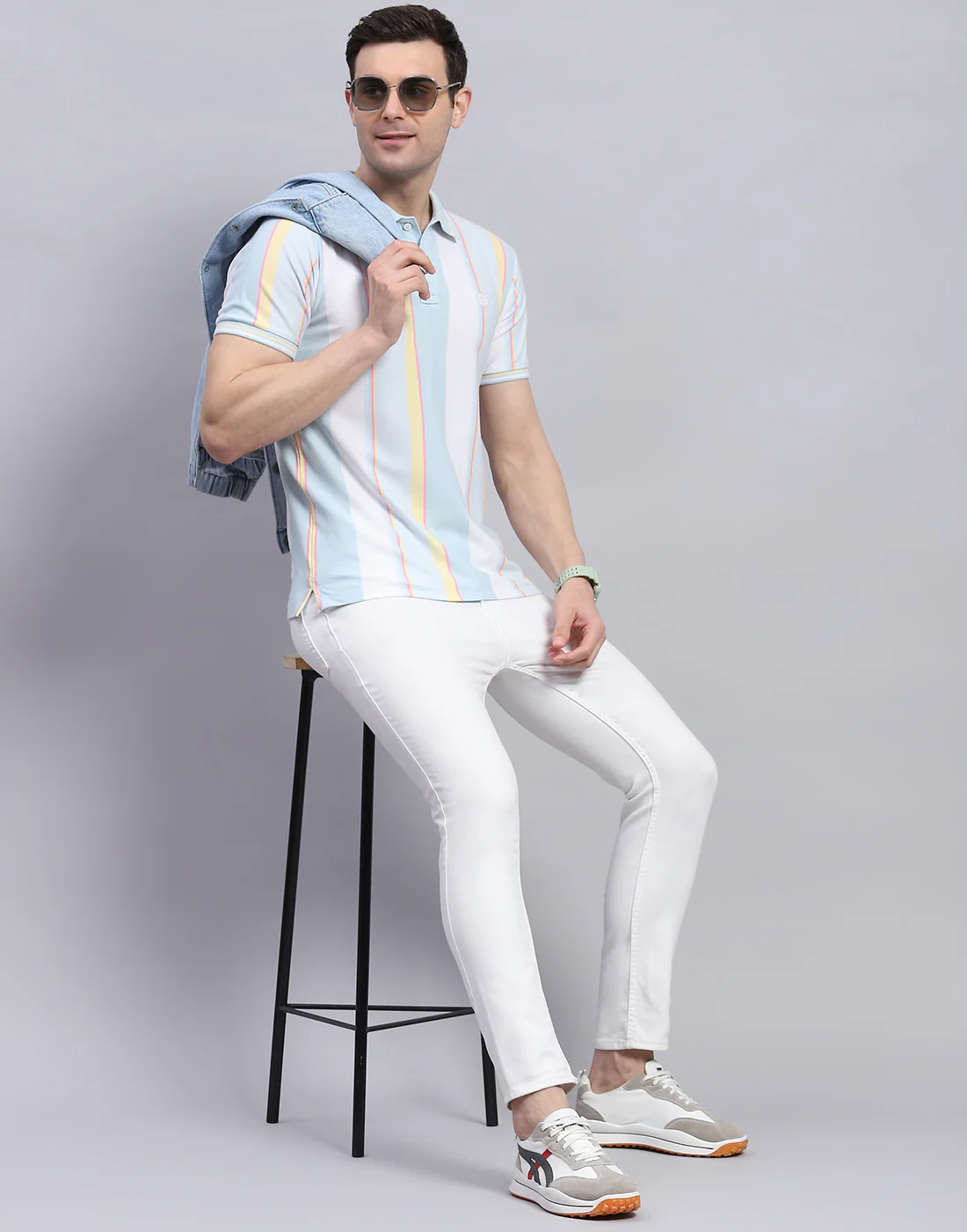 Men Blue Stripe Polo Collar Half Sleeve T-Shirt - Image 2